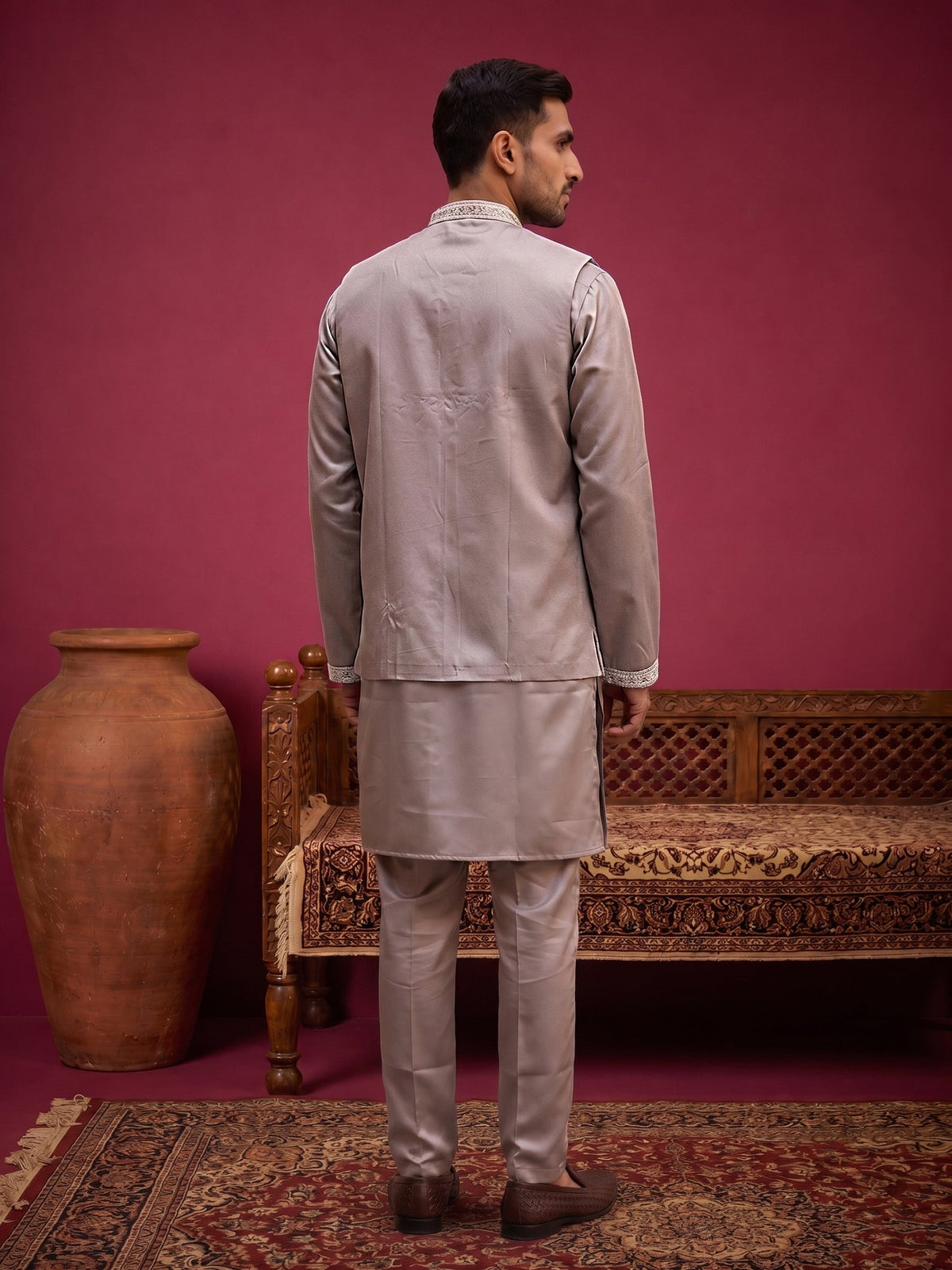 Men's Silk Blend Embroidered Nehru Jacket with Kurta & Pyjama Set ( 65KPWCS 5561Bronze ) [FF] [H-12]
