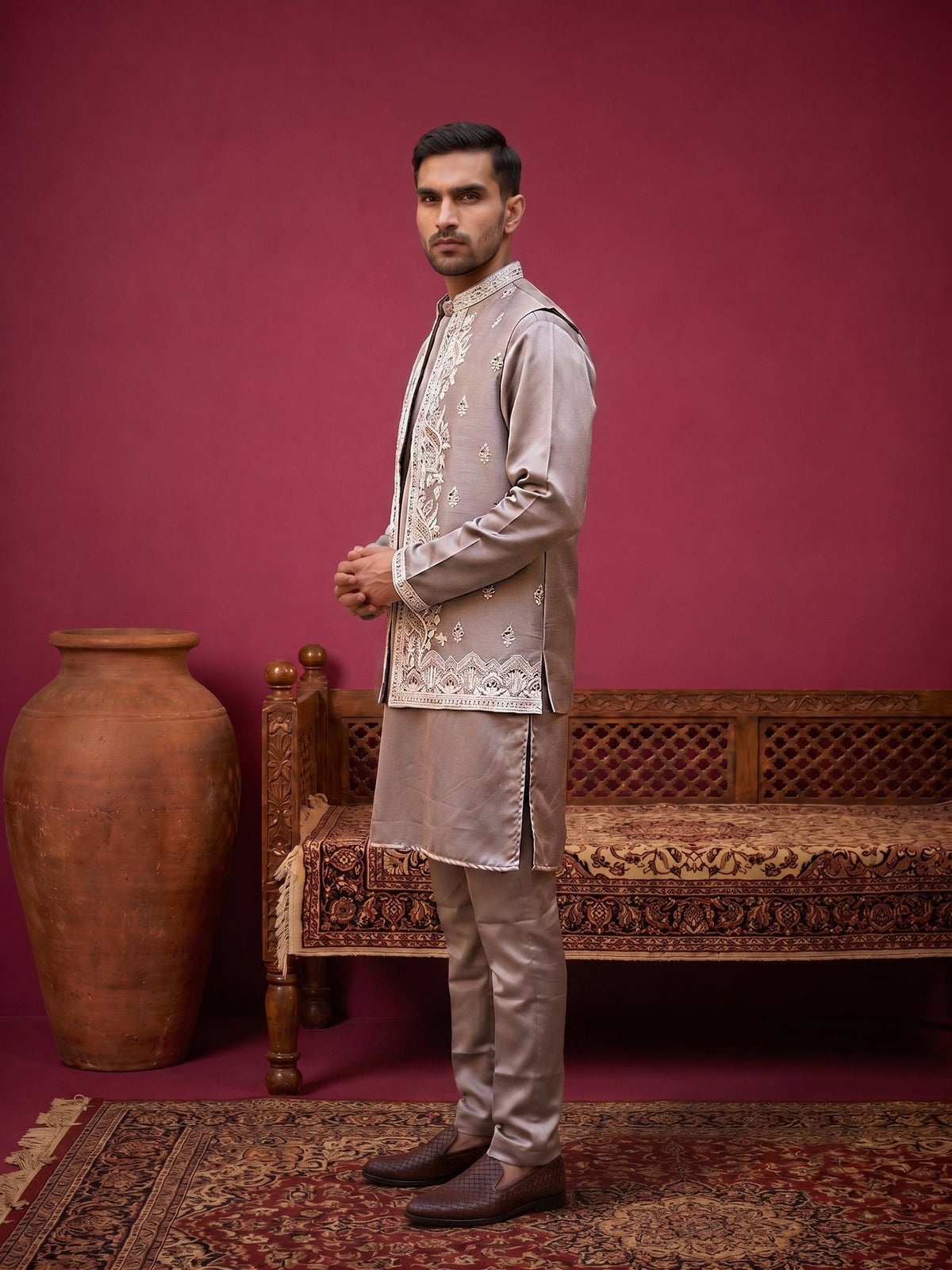 Men's Silk Blend Embroidered Nehru Jacket with Kurta & Pyjama Set ( 65KPWCS 5561Bronze ) [FF] [H-12]