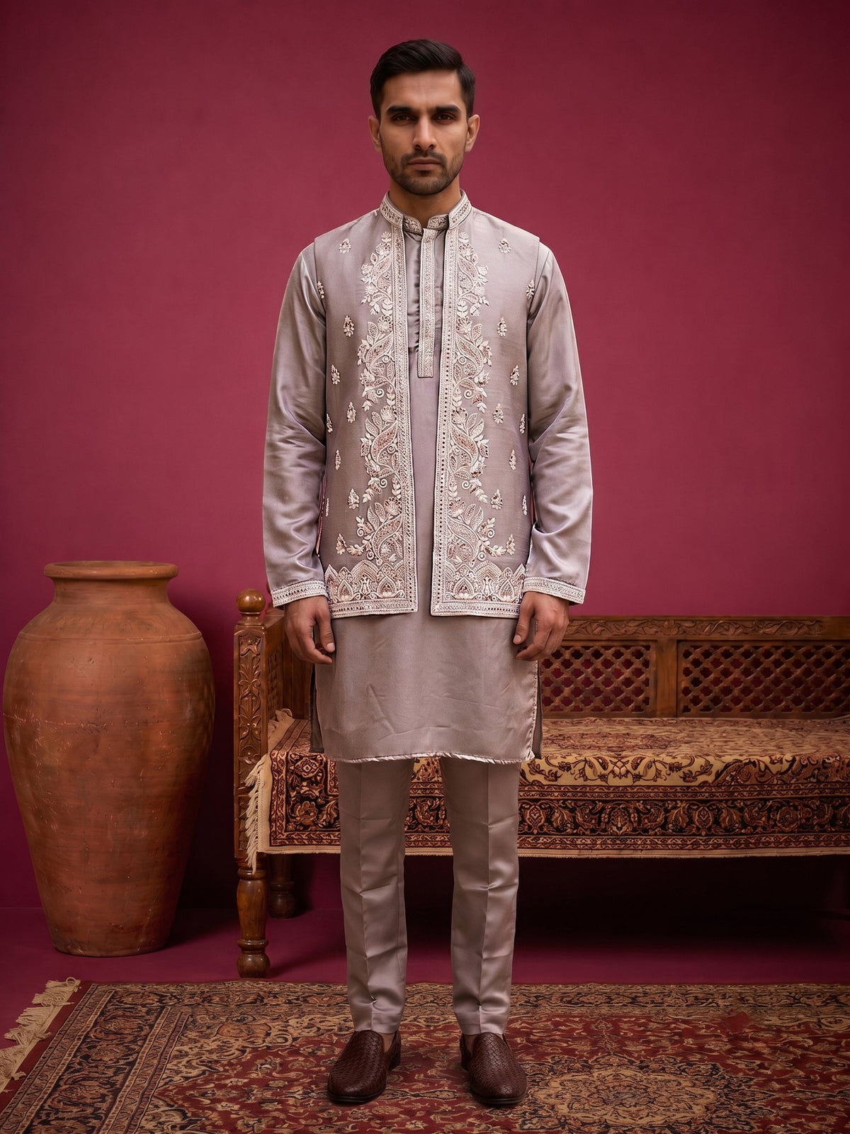 Men's Silk Blend Embroidered Nehru Jacket with Kurta & Pyjama Set ( 65KPWCS 5561Bronze ) [FF] [H-12]