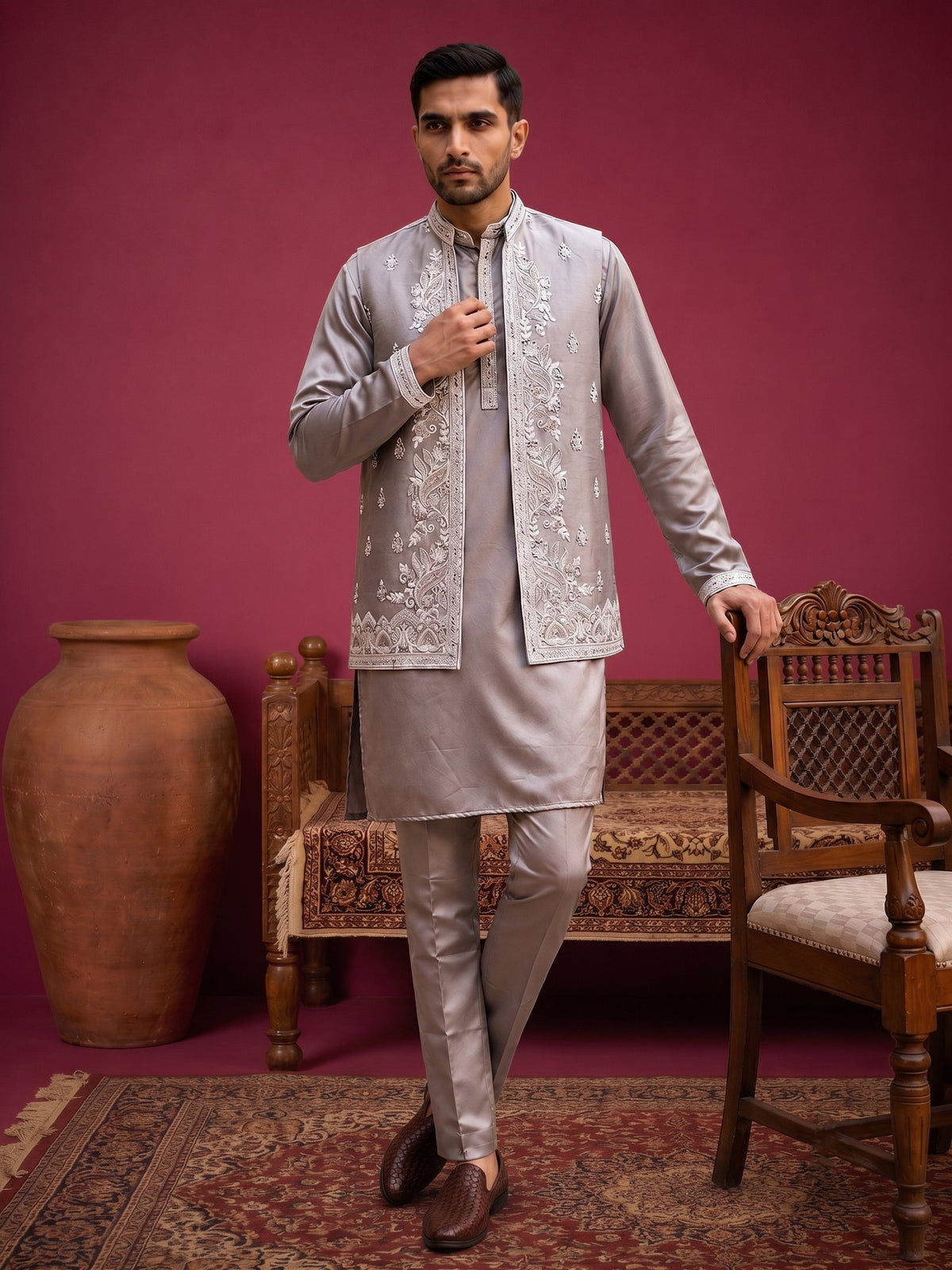 Men's Silk Blend Embroidered Nehru Jacket with Kurta & Pyjama Set ( 65KPWCS 5561Bronze ) [FF] [H-12]