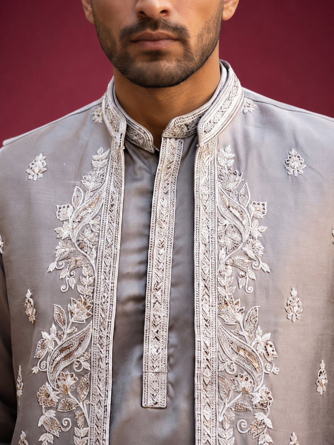 Men's Silk Blend Embroidered Nehru Jacket with Kurta & Pyjama Set ( 65KPWCS 5561Bronze ) [FF] [H-12]