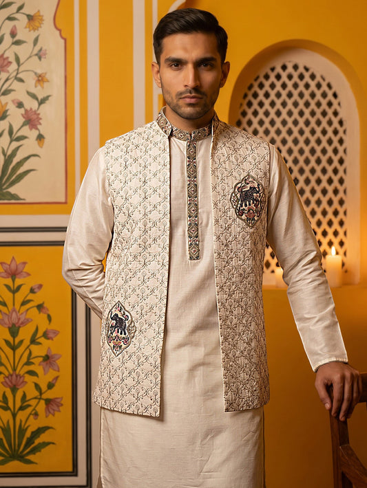 Ethnic Embroidered Waistcoat with Kurta Set ( 65KPWCS 5562White ) [FF] [H-12]