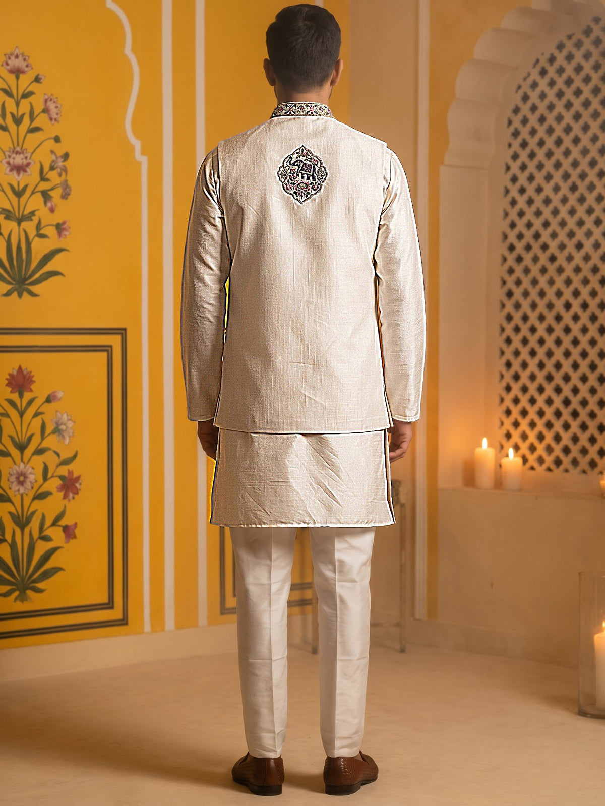 Ethnic Embroidered Waistcoat with Kurta Set ( 65KPWCS 5562White ) [FF] [H-12]