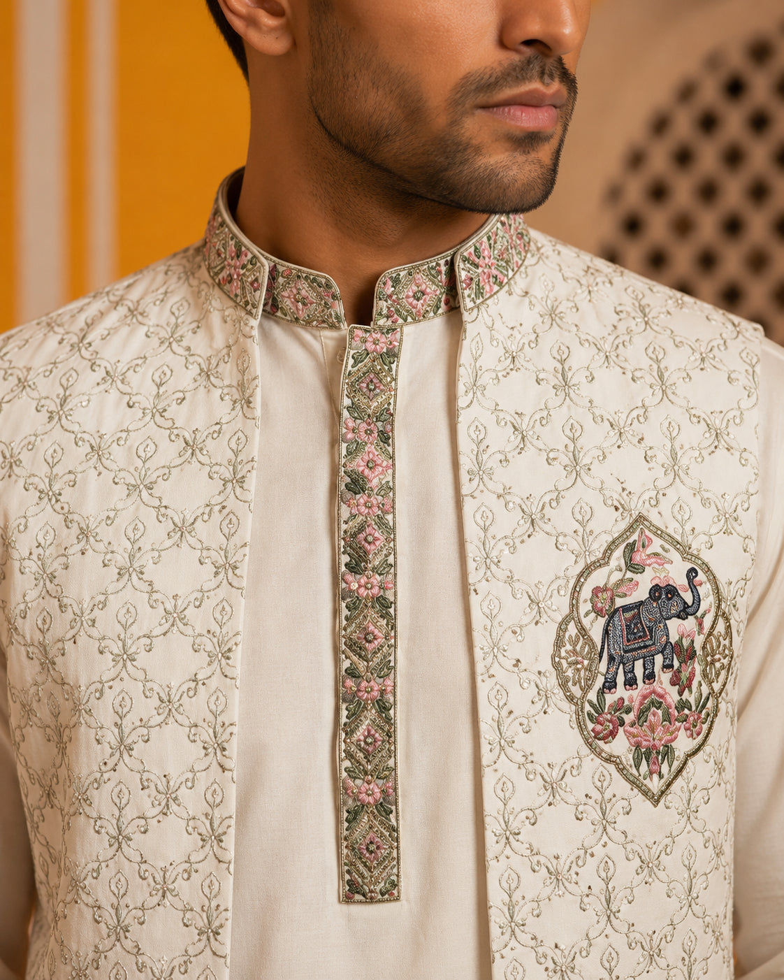 Ethnic Embroidered Waistcoat with Kurta Set ( 65KPWCS 5562White ) [FF] [H-12]