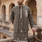 Japanese Fabric Floral Embroidered Kurta Pyjama & Waistcoat Set