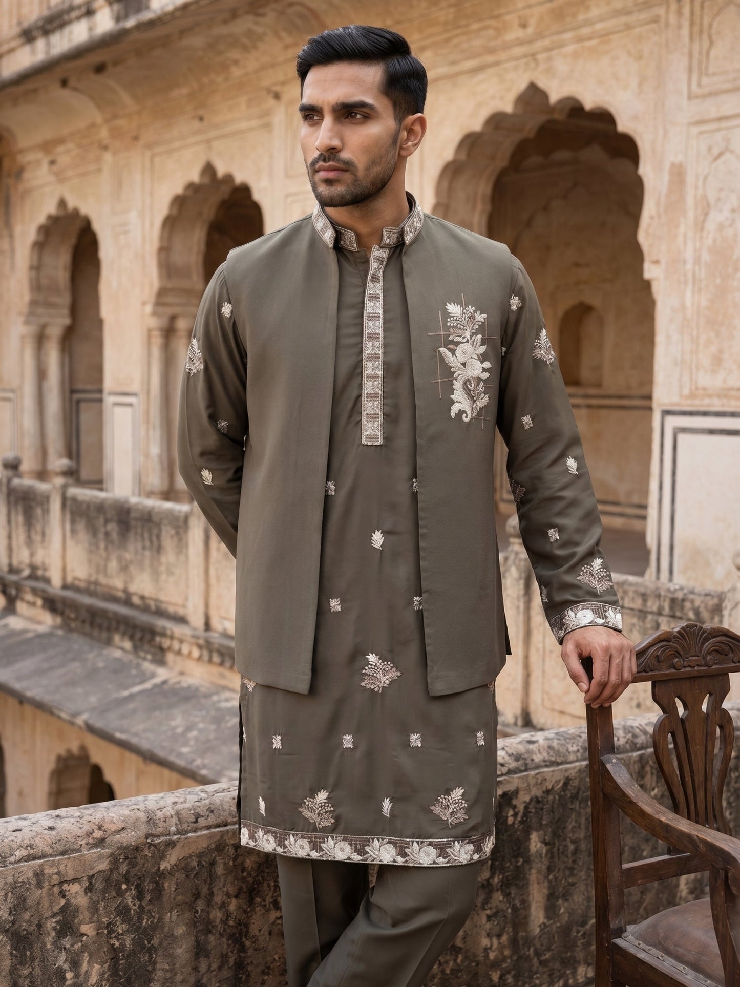 Japanese Fabric Floral Embroidered Kurta Pyjama & Waistcoat Set