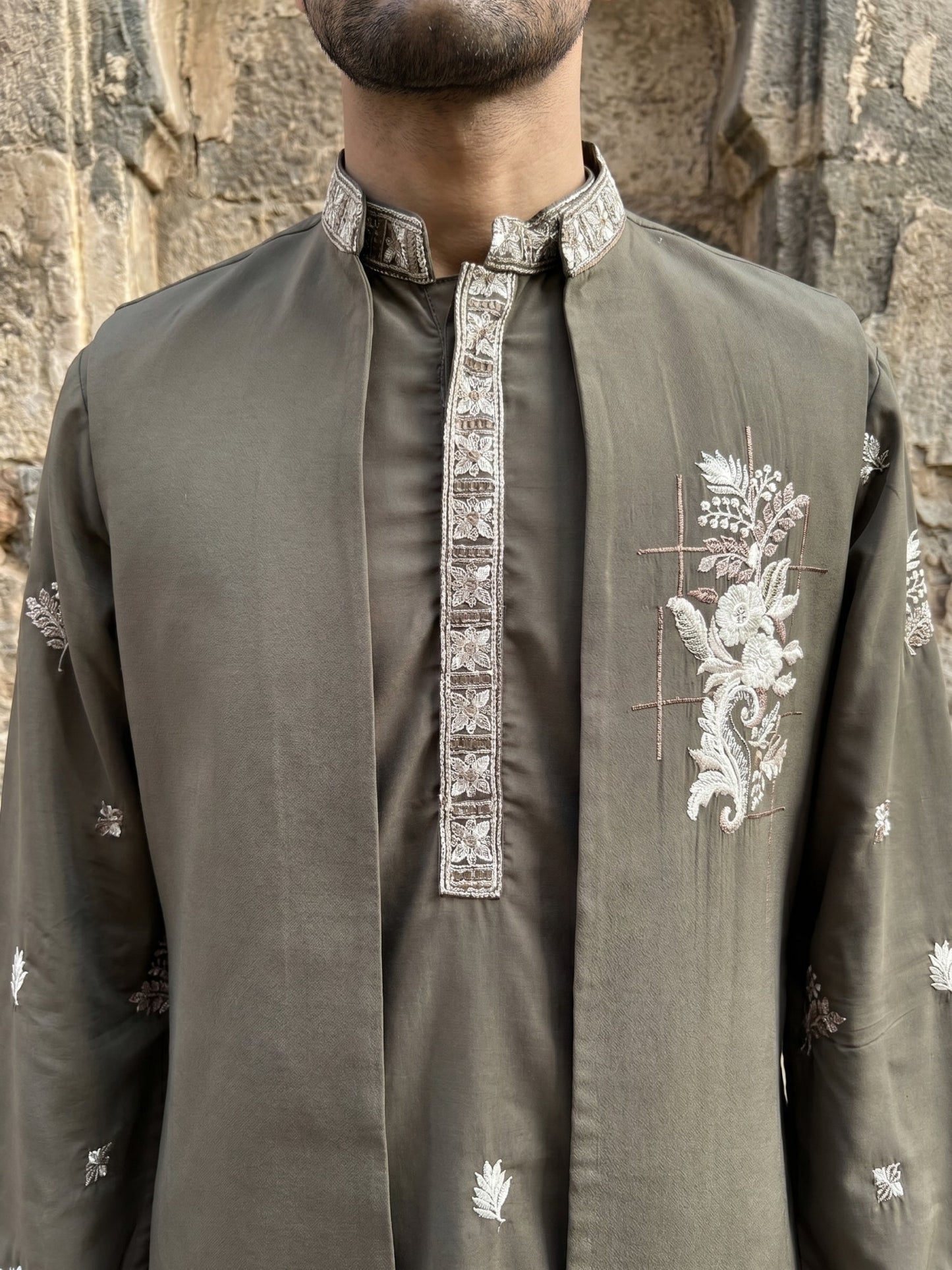 Japanese Fabric Floral Embroidered Kurta Pyjama & Waistcoat Set
