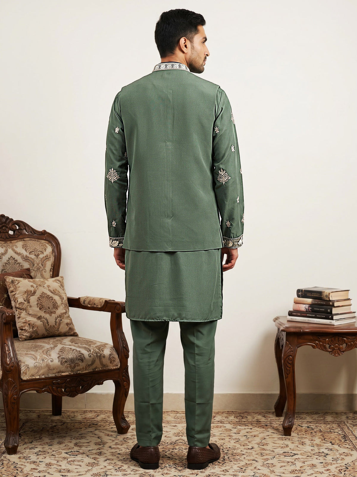 Japanese Fabric Floral Embroidered Kurta Pyjama & Waistcoat Set ( 65KPWCS 5563Olive ) [FF] [E-4]