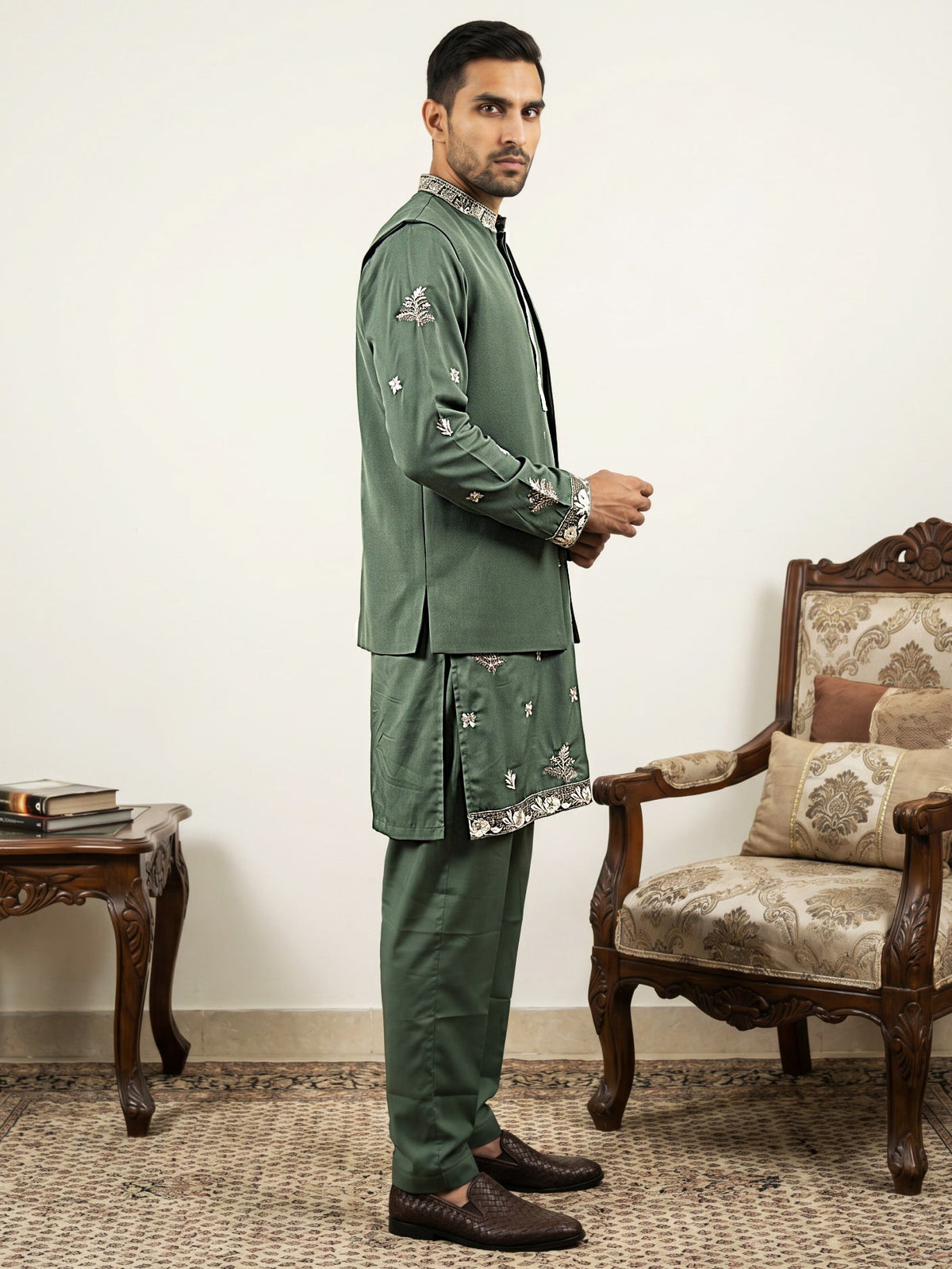 Japanese Fabric Floral Embroidered Kurta Pyjama & Waistcoat Set ( 65KPWCS 5563Olive ) [FF] [E-4]