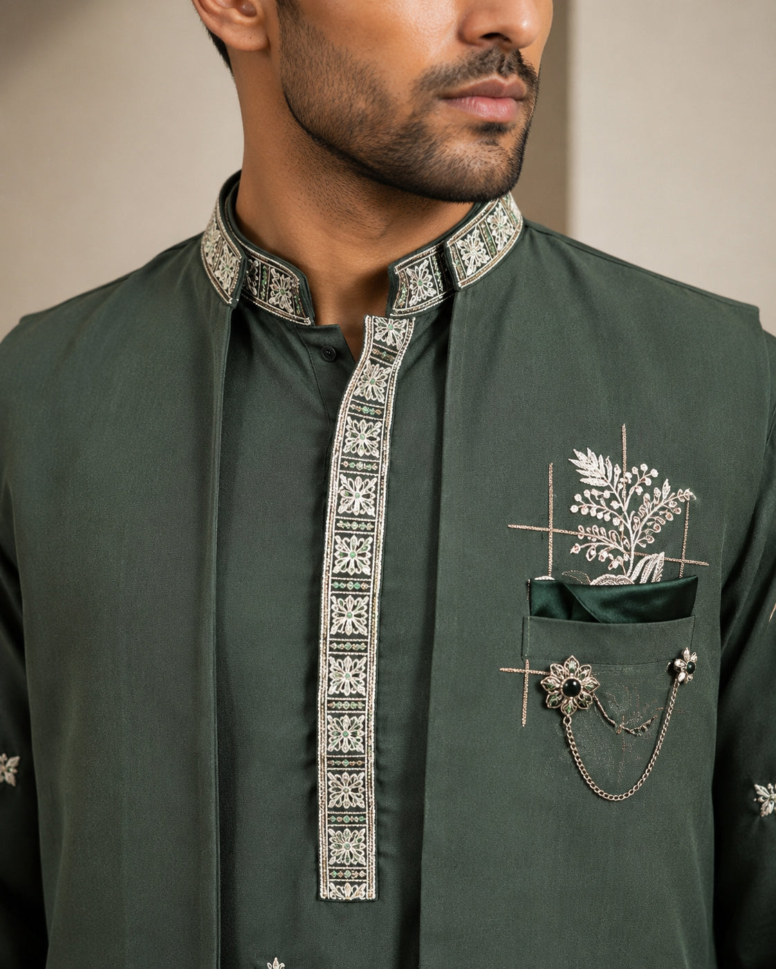 Japanese Fabric Floral Embroidered Kurta Pyjama & Waistcoat Set ( 65KPWCS 5563Olive ) [FF] [E-4]