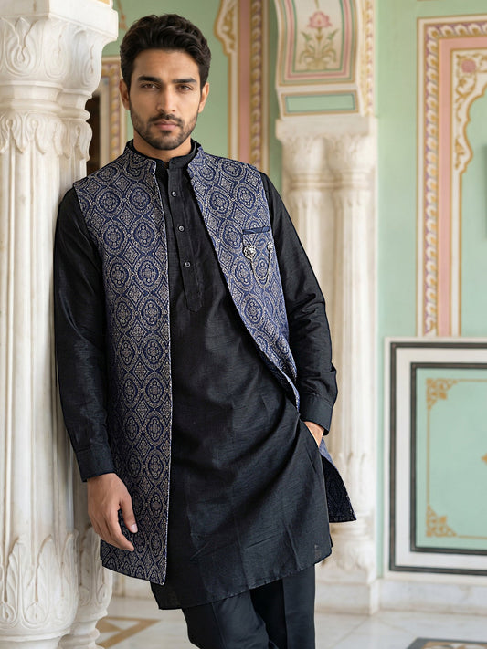 Jacquard Woven Silk Blend Waistcoat Kurta Set ( 65KPWCS 5586B 4175Brown )