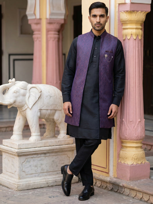 Jacquard Woven Silk Blend Waistcoat Kurta Set ( 65KPWCS 5586B 4175Maroon )