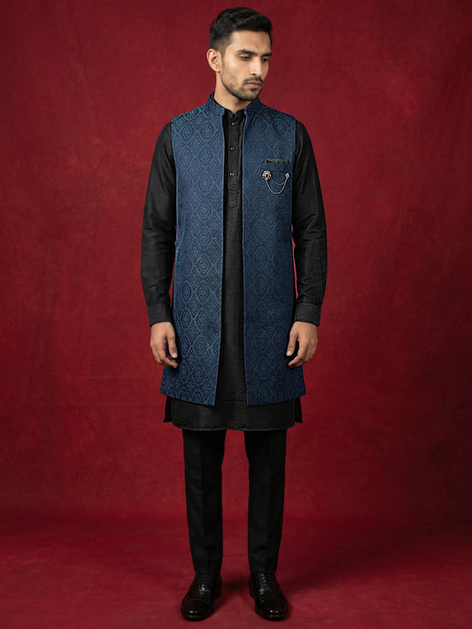 Jacquard Woven Silk Blend Waistcoat Kurta Set ( 65KPWCS 5586B 4175Teal )