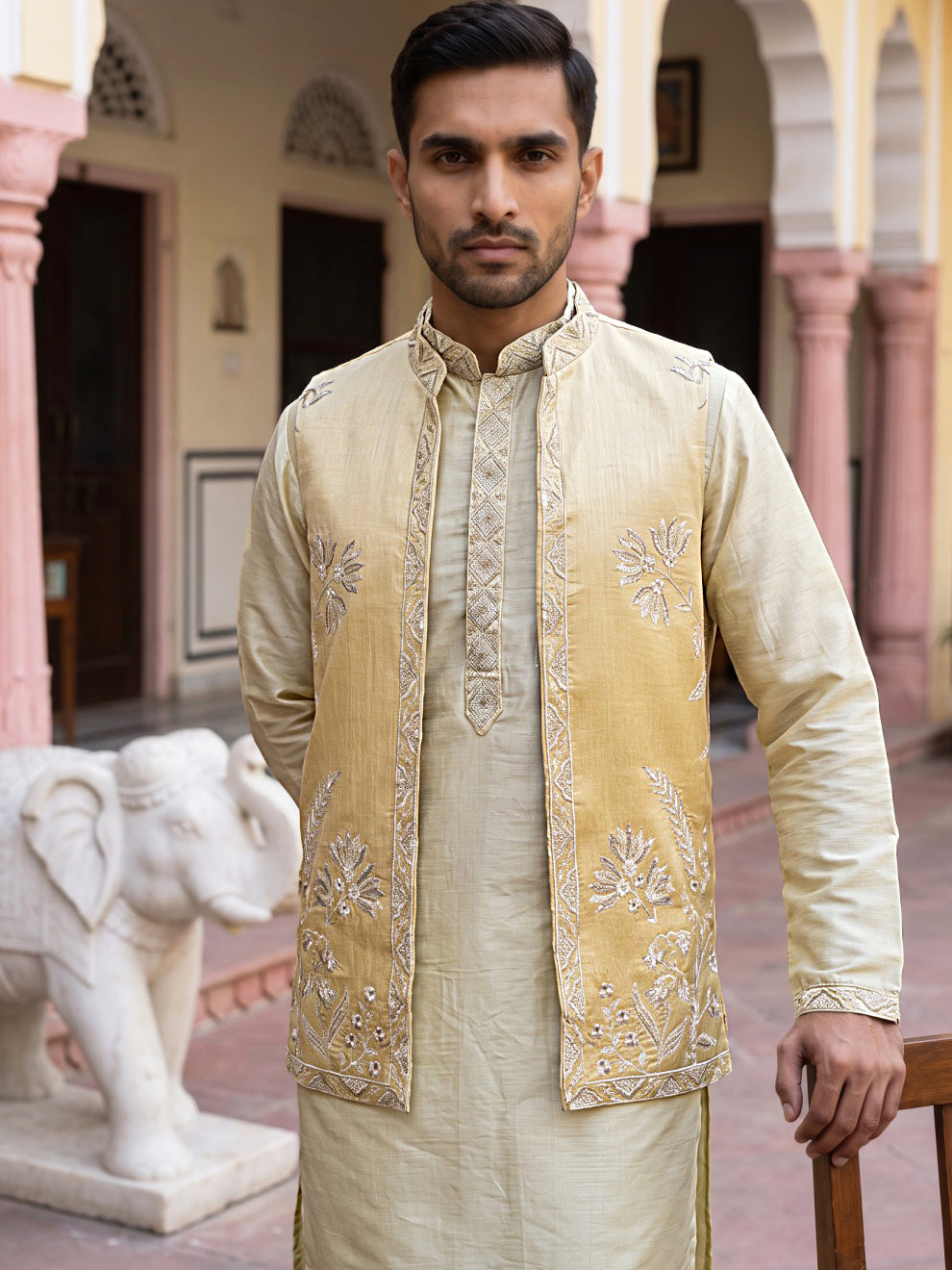 Men Silk Blend Embroidered Kurta Pyjama with Waistcoat Set ( 65KPWCS MC 5617Yellow )