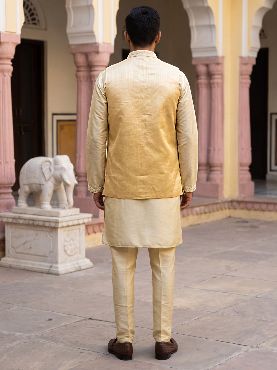 Men Silk Blend Embroidered Kurta Pyjama with Waistcoat Set ( 65KPWCS MC 5617Yellow )