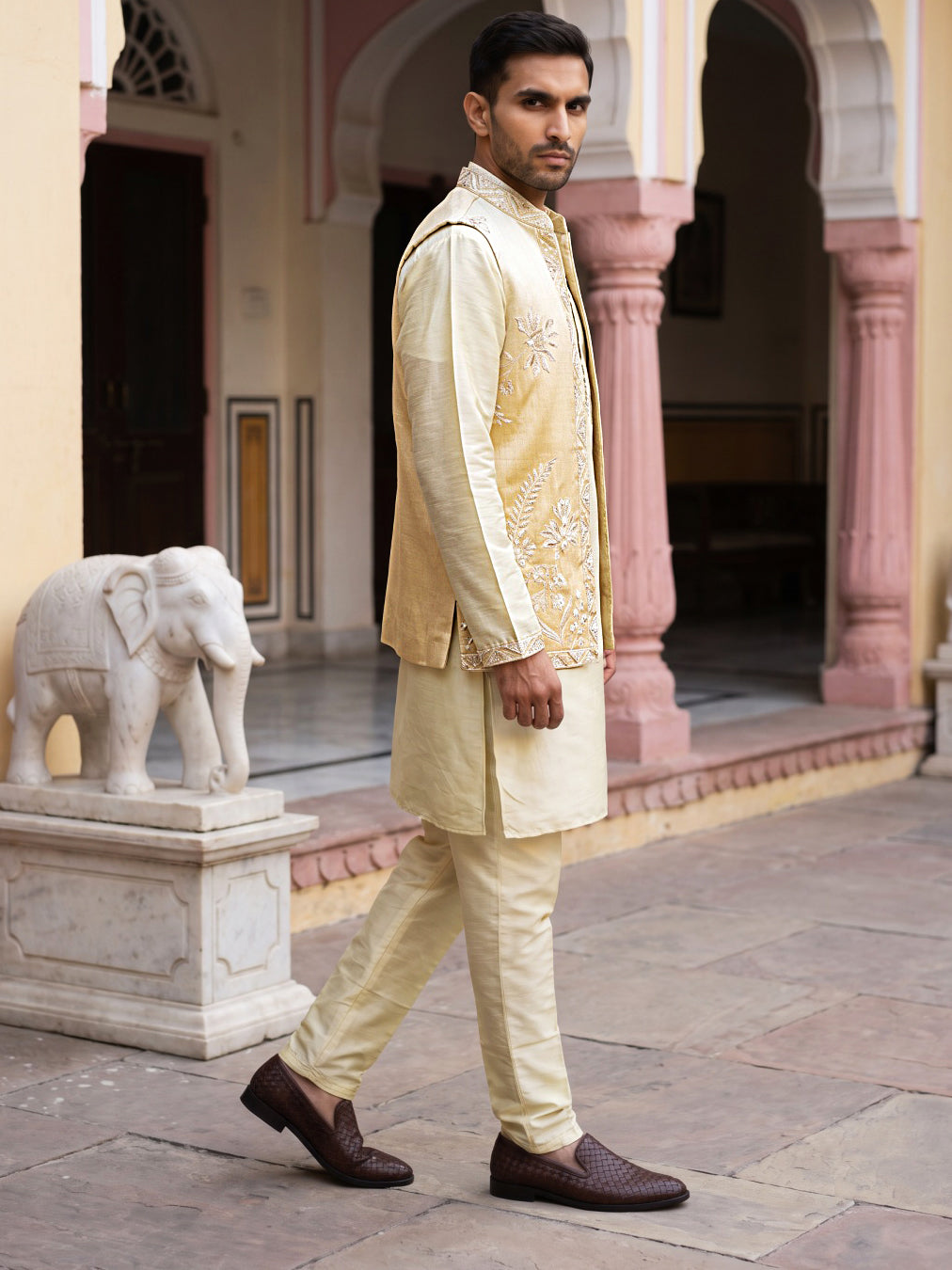 Men Silk Blend Embroidered Kurta Pyjama with Waistcoat Set ( 65KPWCS MC 5617Yellow )