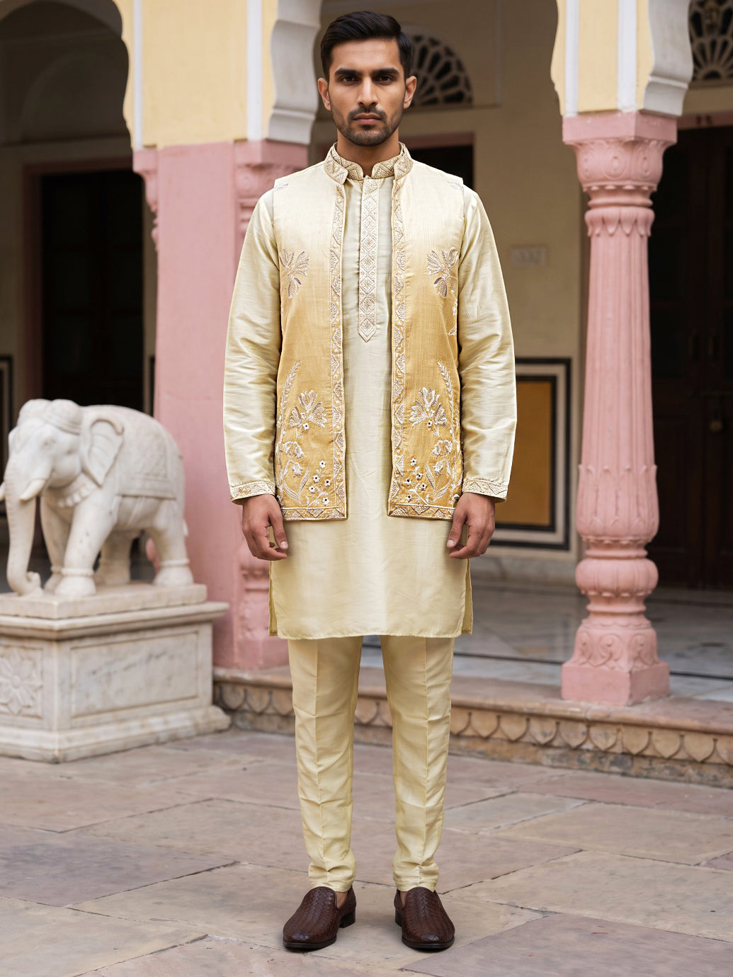 Men Silk Blend Embroidered Kurta Pyjama with Waistcoat Set ( 65KPWCS MC 5617Yellow )