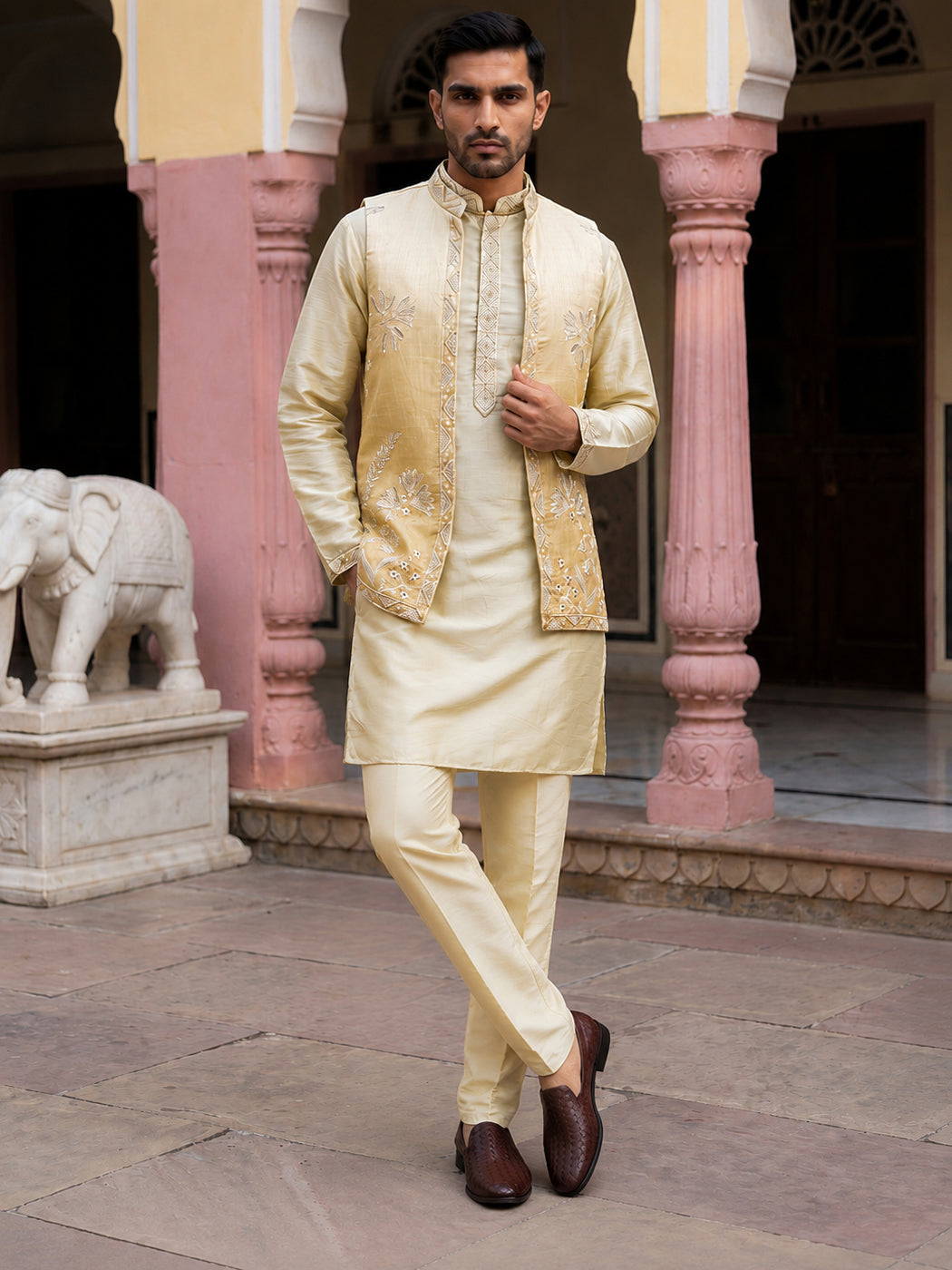 Men Silk Blend Embroidered Kurta Pyjama with Waistcoat Set ( 65KPWCS MC 5617Yellow )