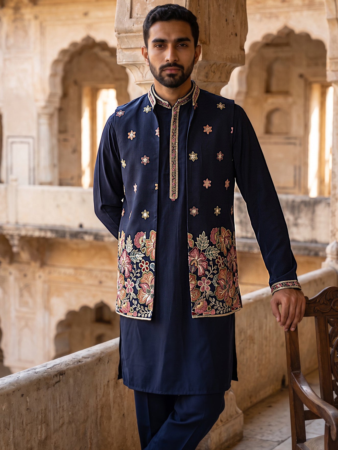 Japanese Fabric Embroidered Kurta & Waistcoat Set ( 65KPWCS MC 5618Navy )