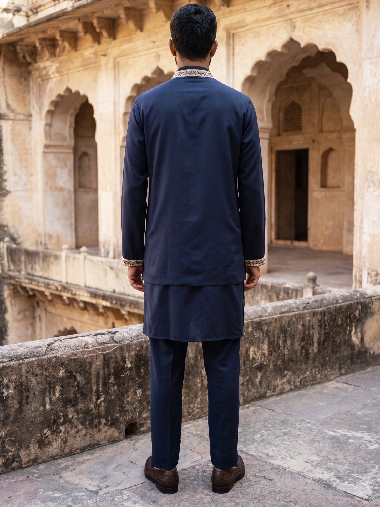Japanese Fabric Embroidered Kurta & Waistcoat Set ( 65KPWCS MC 5618Navy )