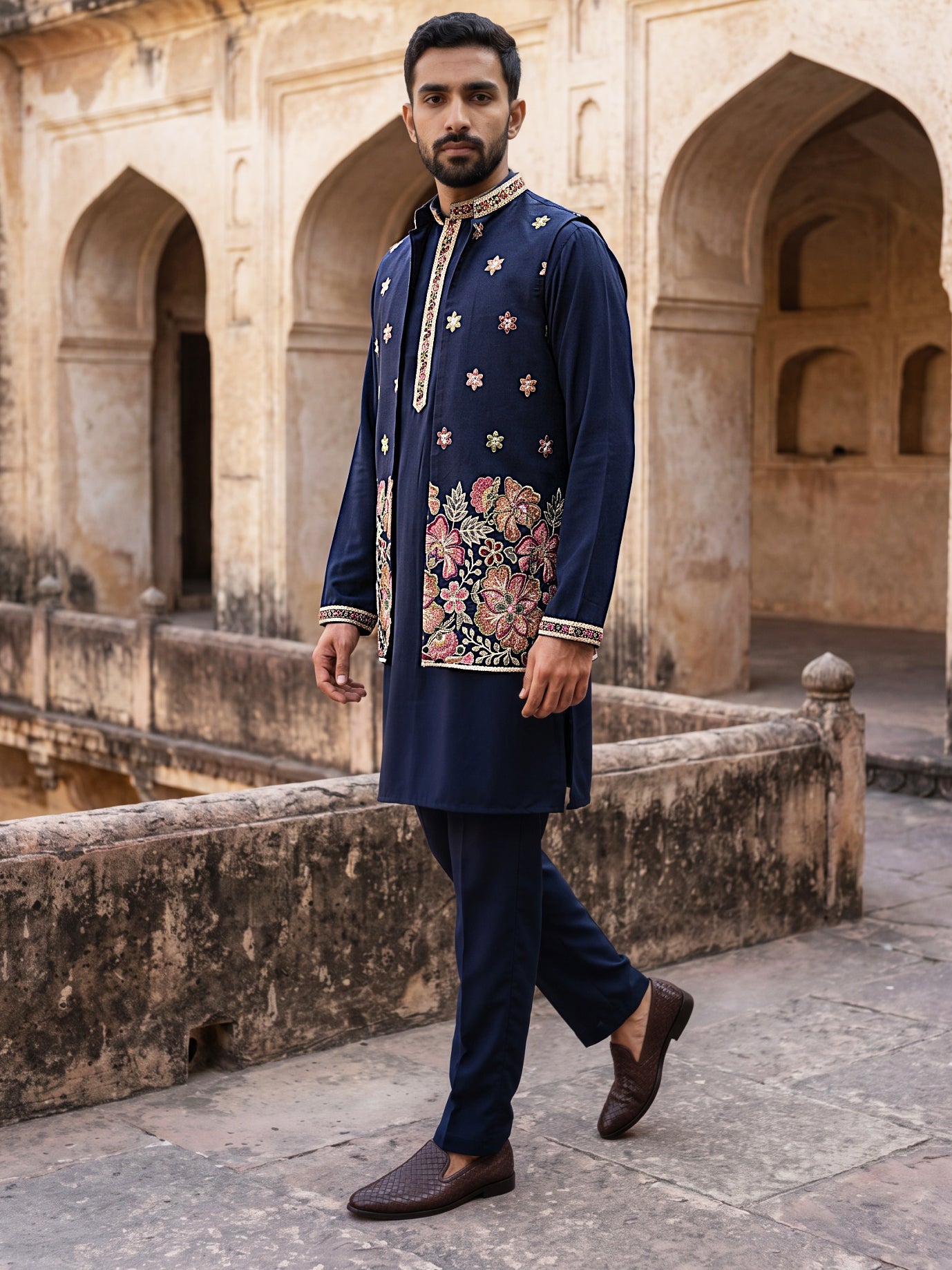 Japanese Fabric Embroidered Kurta & Waistcoat Set ( 65KPWCS MC 5618Navy )