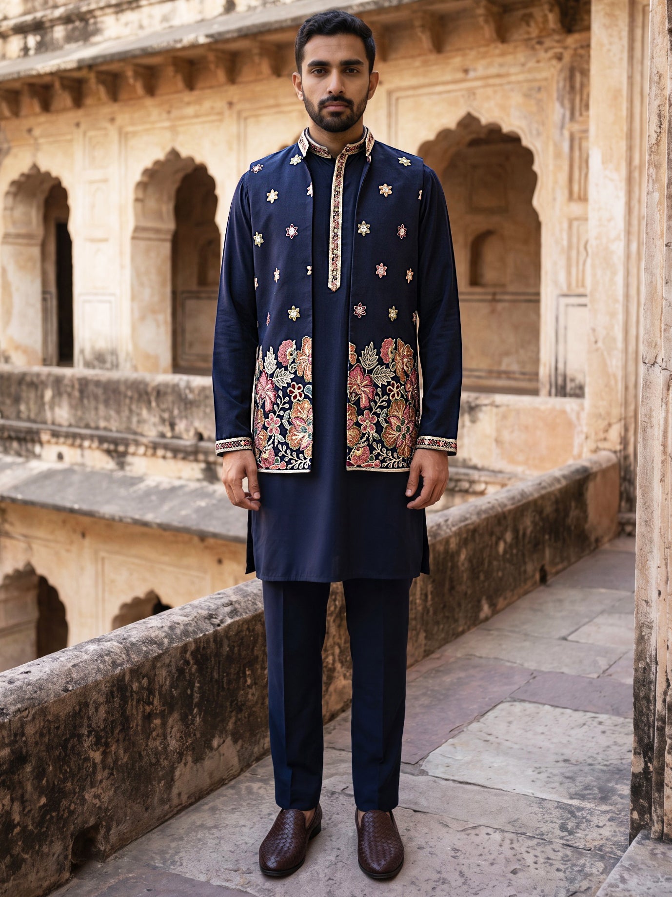 Japanese Fabric Embroidered Kurta & Waistcoat Set ( 65KPWCS MC 5618Navy )