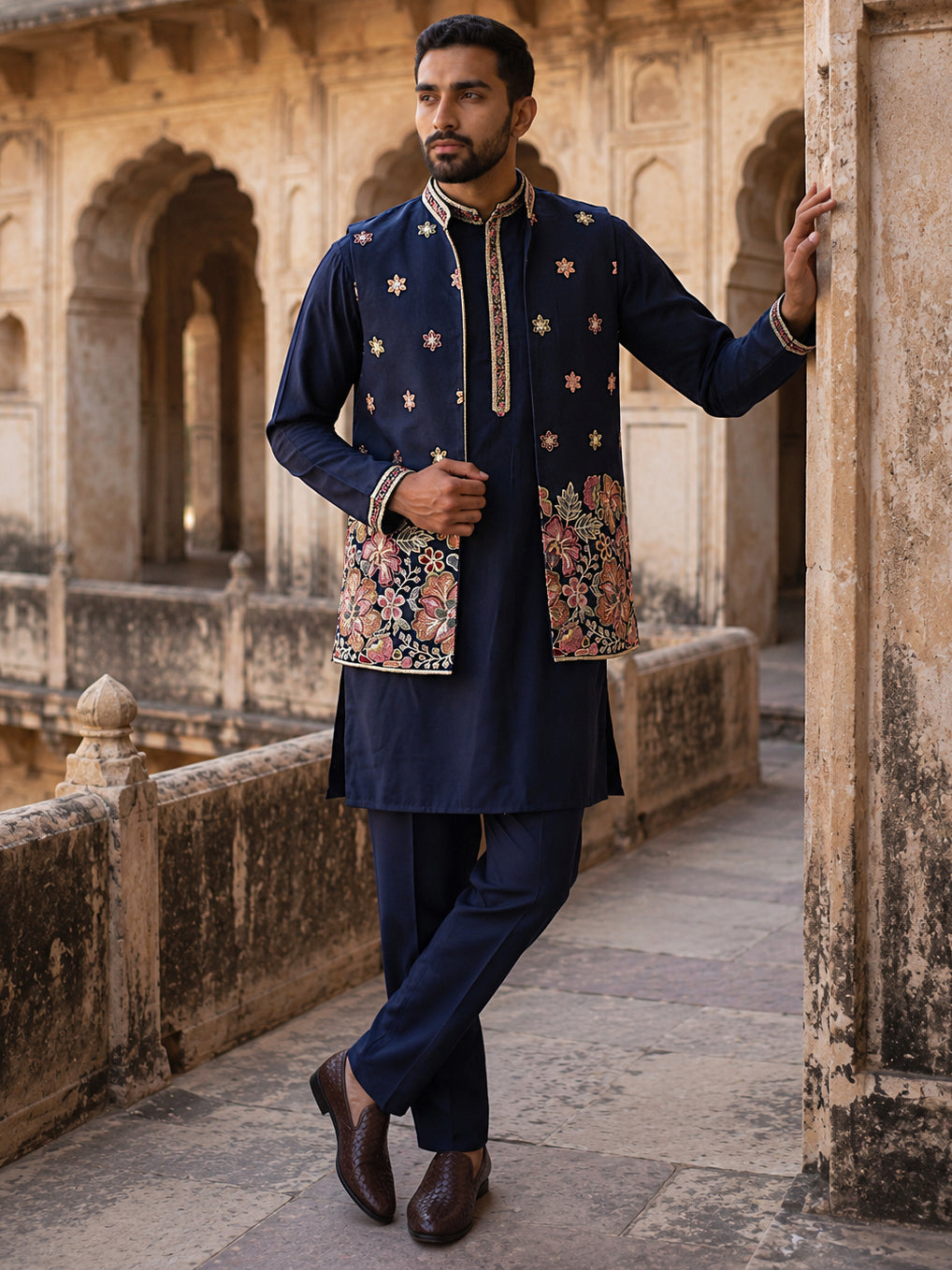 Japanese Fabric Embroidered Kurta & Waistcoat Set ( 65KPWCS MC 5618Navy )