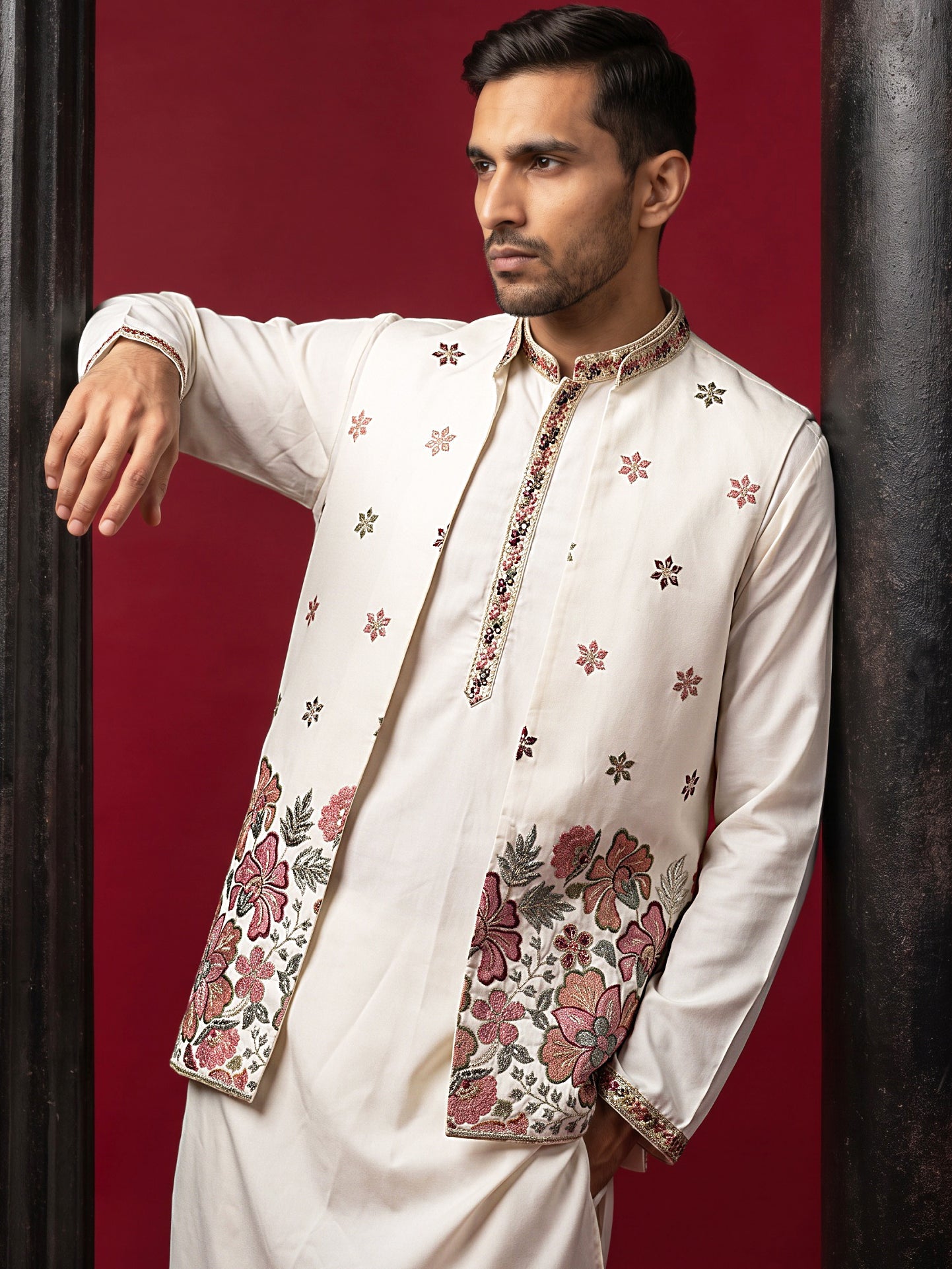 Japanese Fabric Embroidered Kurta & Waistcoat Set ( 65KPWCS MC 5618White )