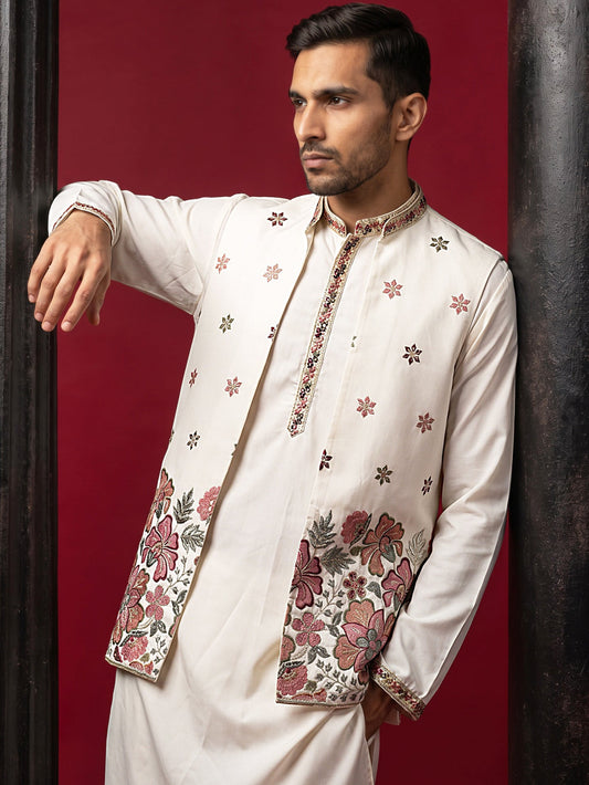 Japanese Fabric Embroidered Kurta & Waistcoat Set ( 65KPWCS MC 5618White )