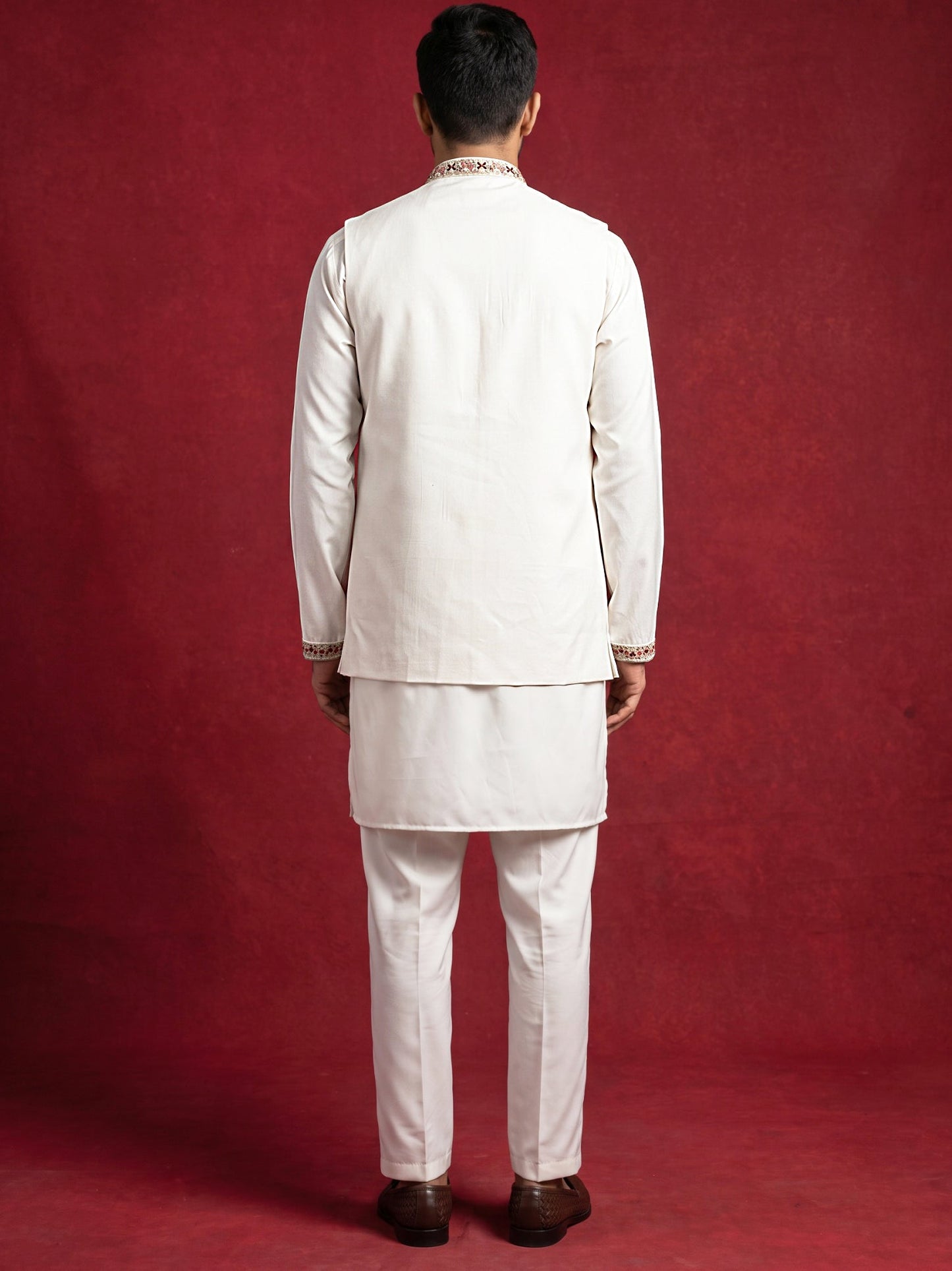 Japanese Fabric Embroidered Kurta & Waistcoat Set ( 65KPWCS MC 5618White )