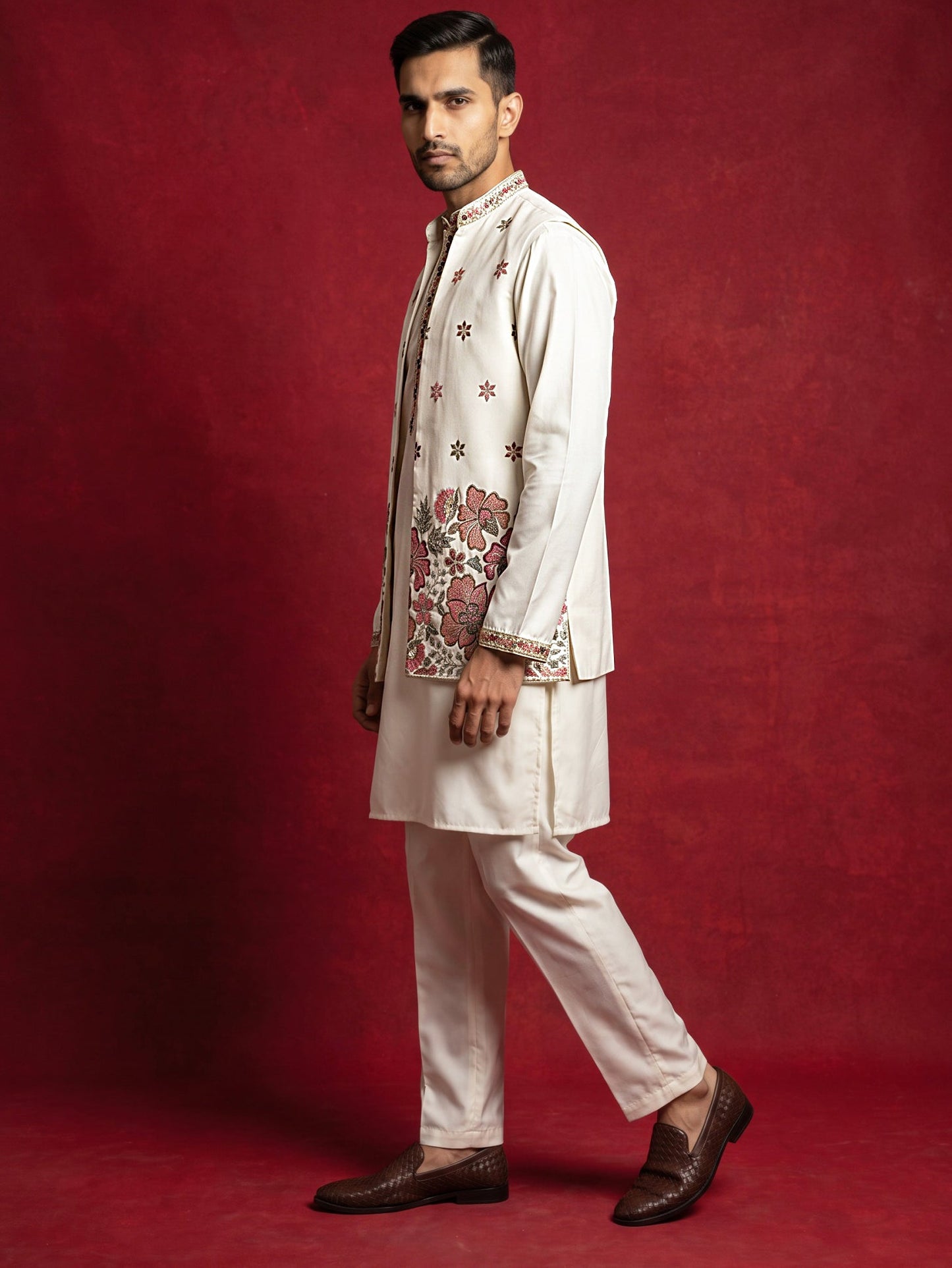 Japanese Fabric Embroidered Kurta & Waistcoat Set ( 65KPWCS MC 5618White )