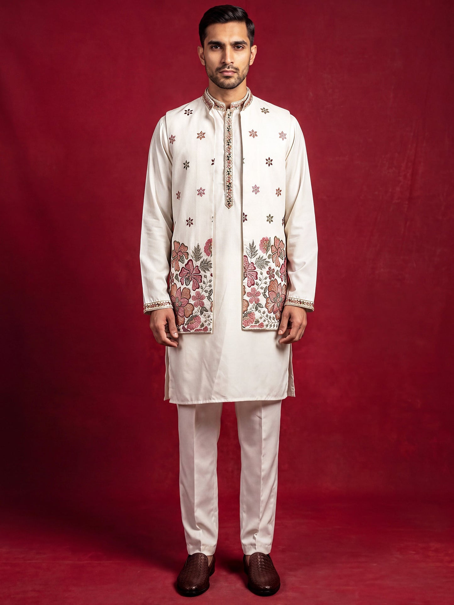 Japanese Fabric Embroidered Kurta & Waistcoat Set ( 65KPWCS MC 5618White )
