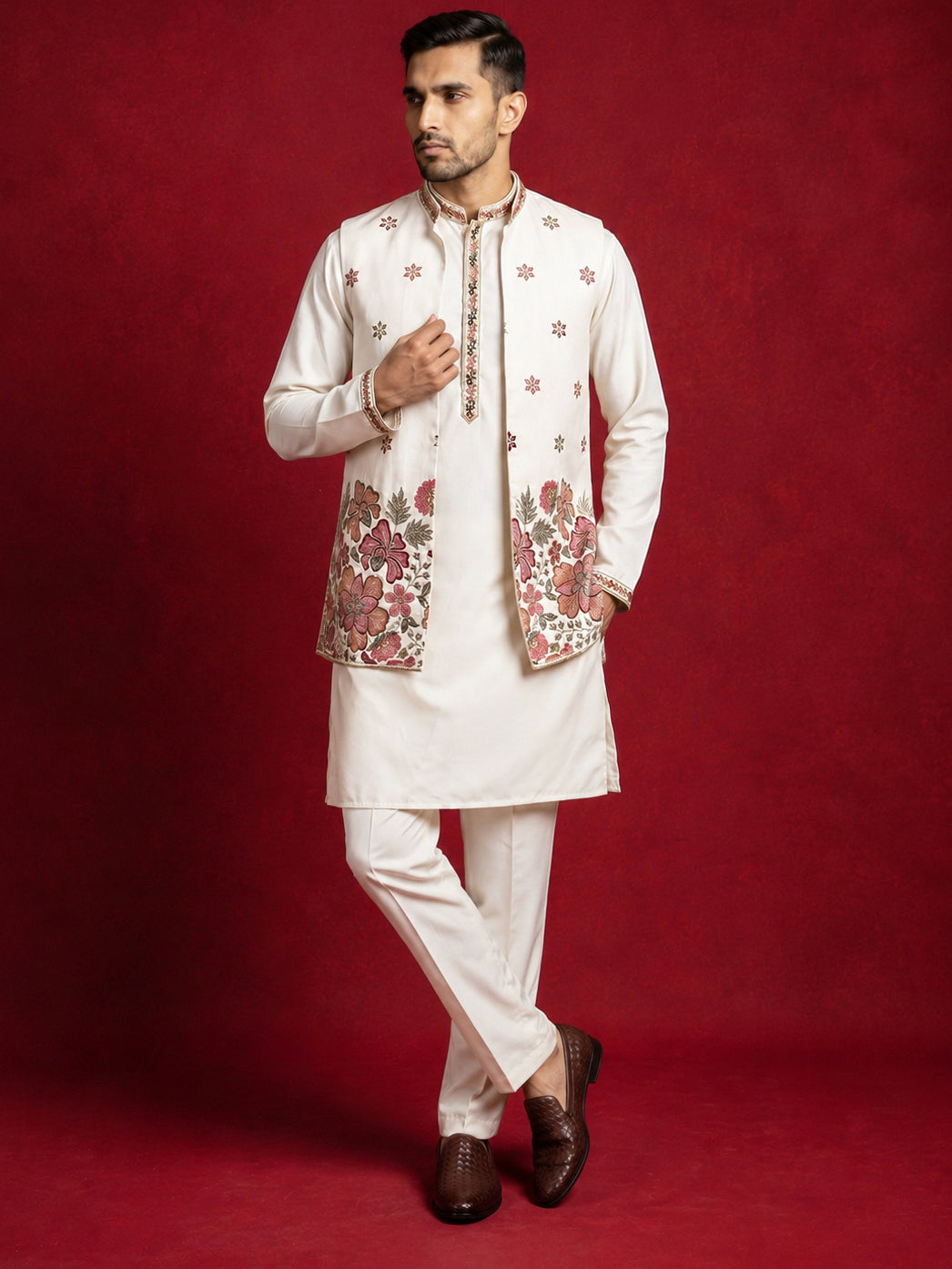Japanese Fabric Embroidered Kurta & Waistcoat Set ( 65KPWCS MC 5618White )