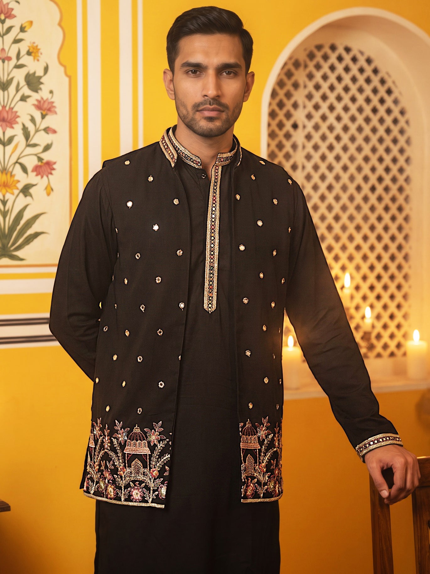 Japanese Fabric Embroidered Kurta with Waistcoat Set ( 65KPWCS MC 5619Black )