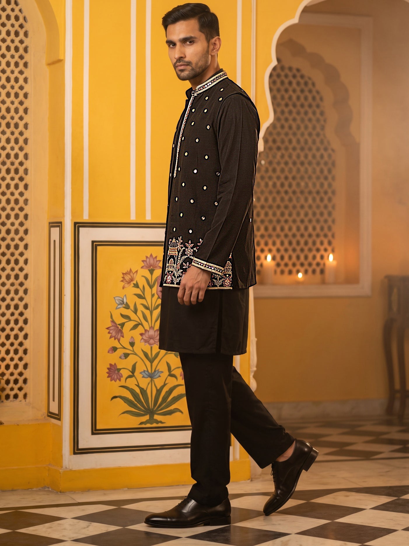 Japanese Fabric Embroidered Kurta with Waistcoat Set ( 65KPWCS MC 5619Black )
