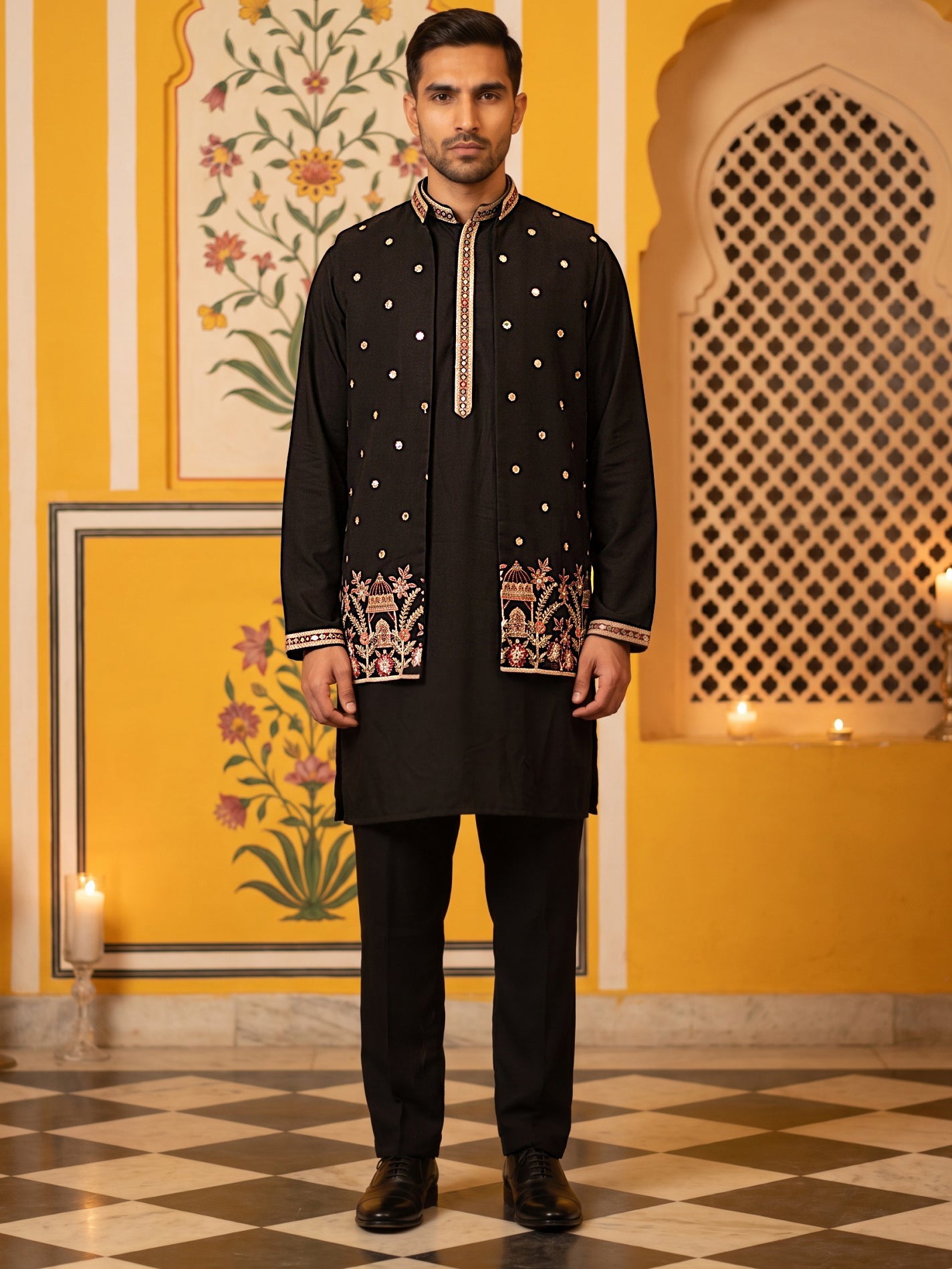 Japanese Fabric Embroidered Kurta with Waistcoat Set ( 65KPWCS MC 5619Black )