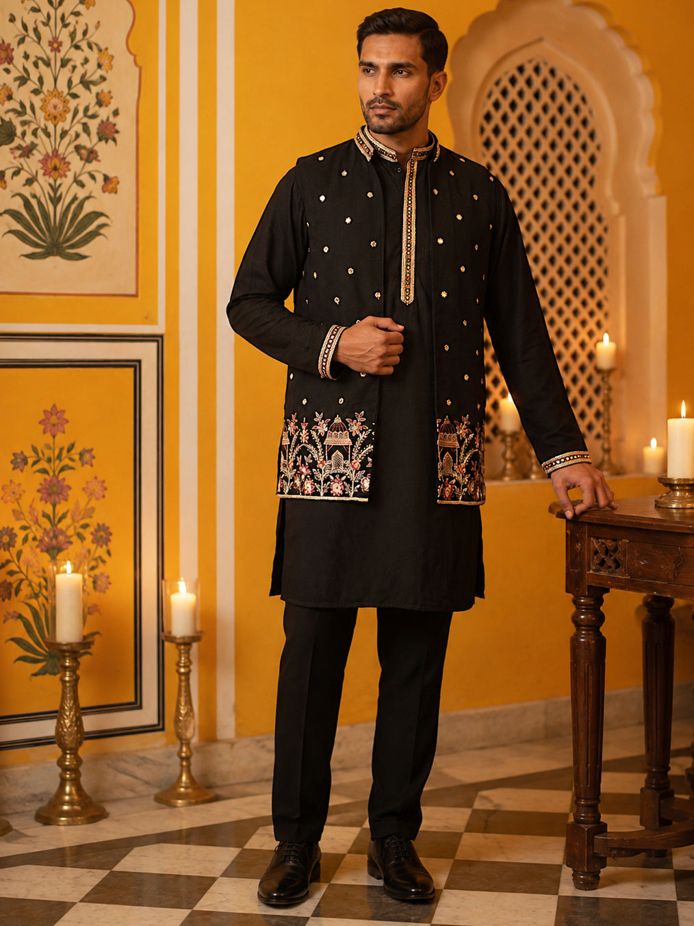 Japanese Fabric Embroidered Kurta with Waistcoat Set ( 65KPWCS MC 5619Black )
