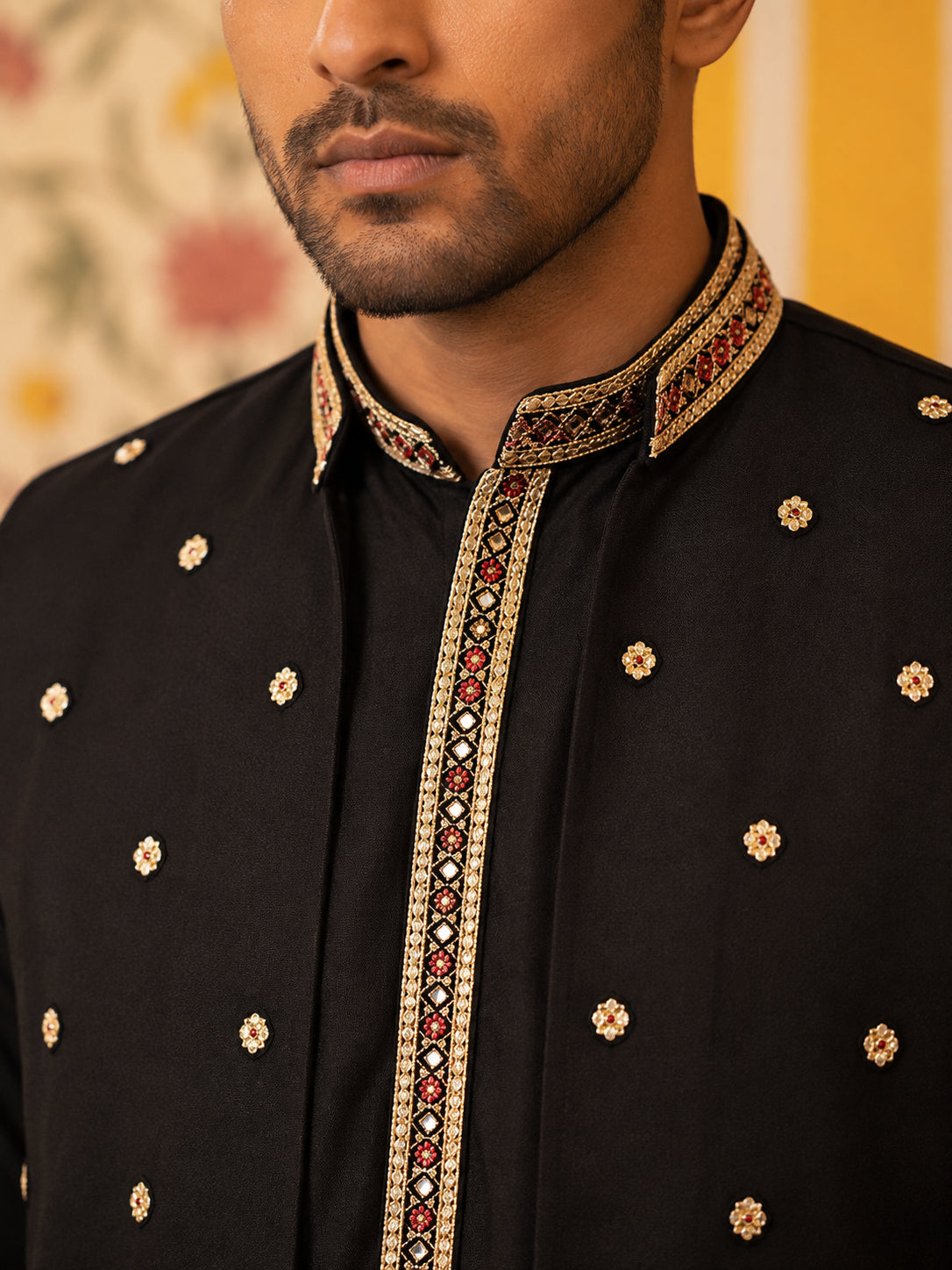 Japanese Fabric Embroidered Kurta with Waistcoat Set ( 65KPWCS MC 5619Black )