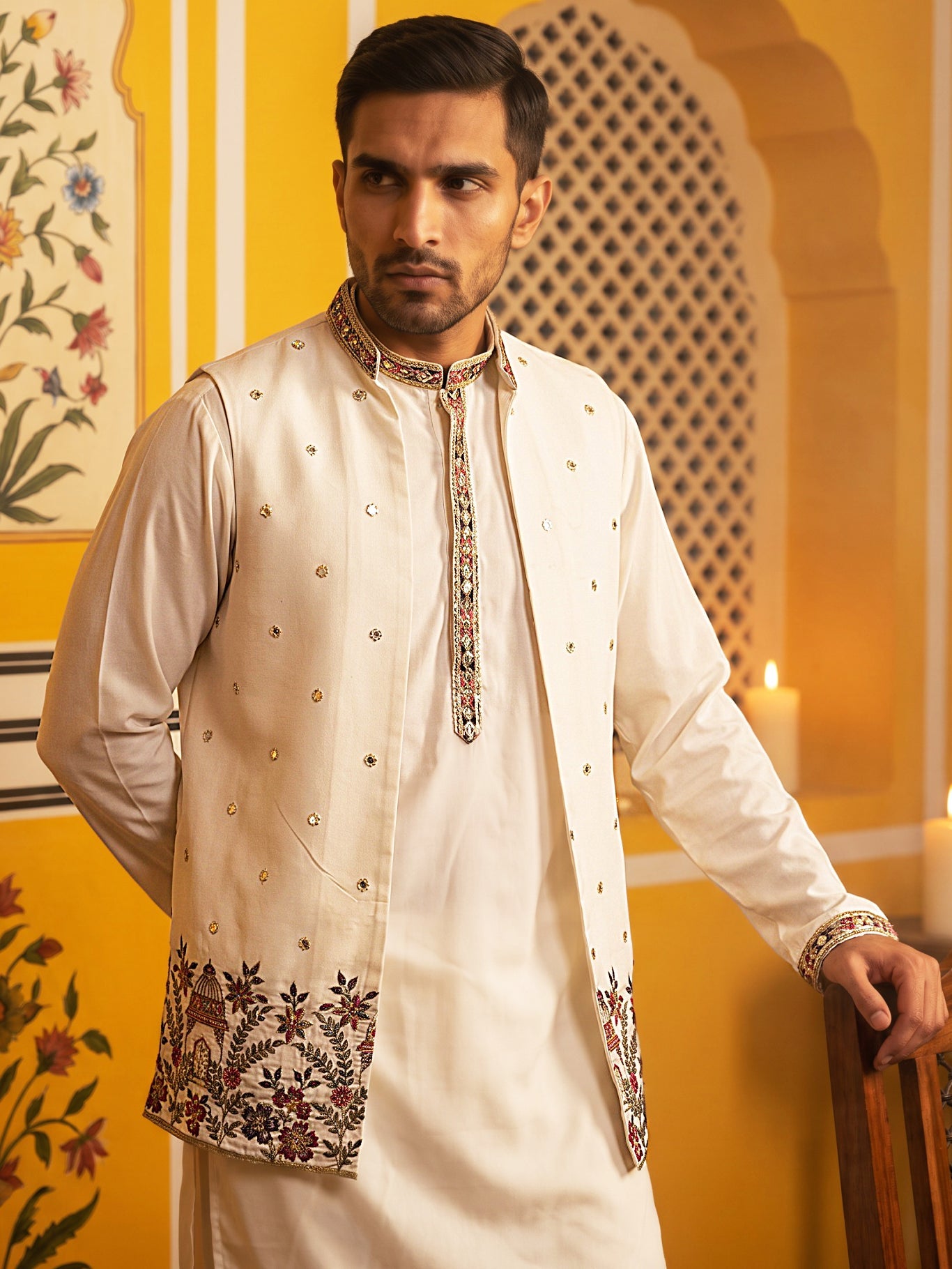Japanese Fabric Embroidered Kurta with Waistcoat Set ( 65KPWCS MC 5619White )