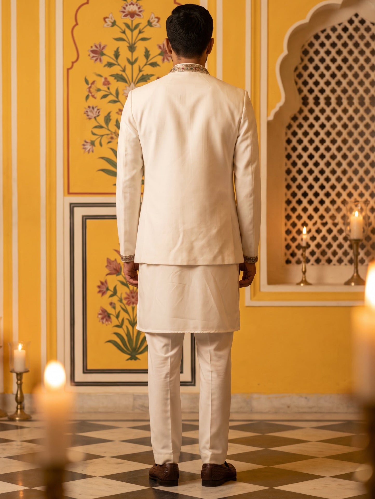 Japanese Fabric Embroidered Kurta with Waistcoat Set ( 65KPWCS MC 5619White )