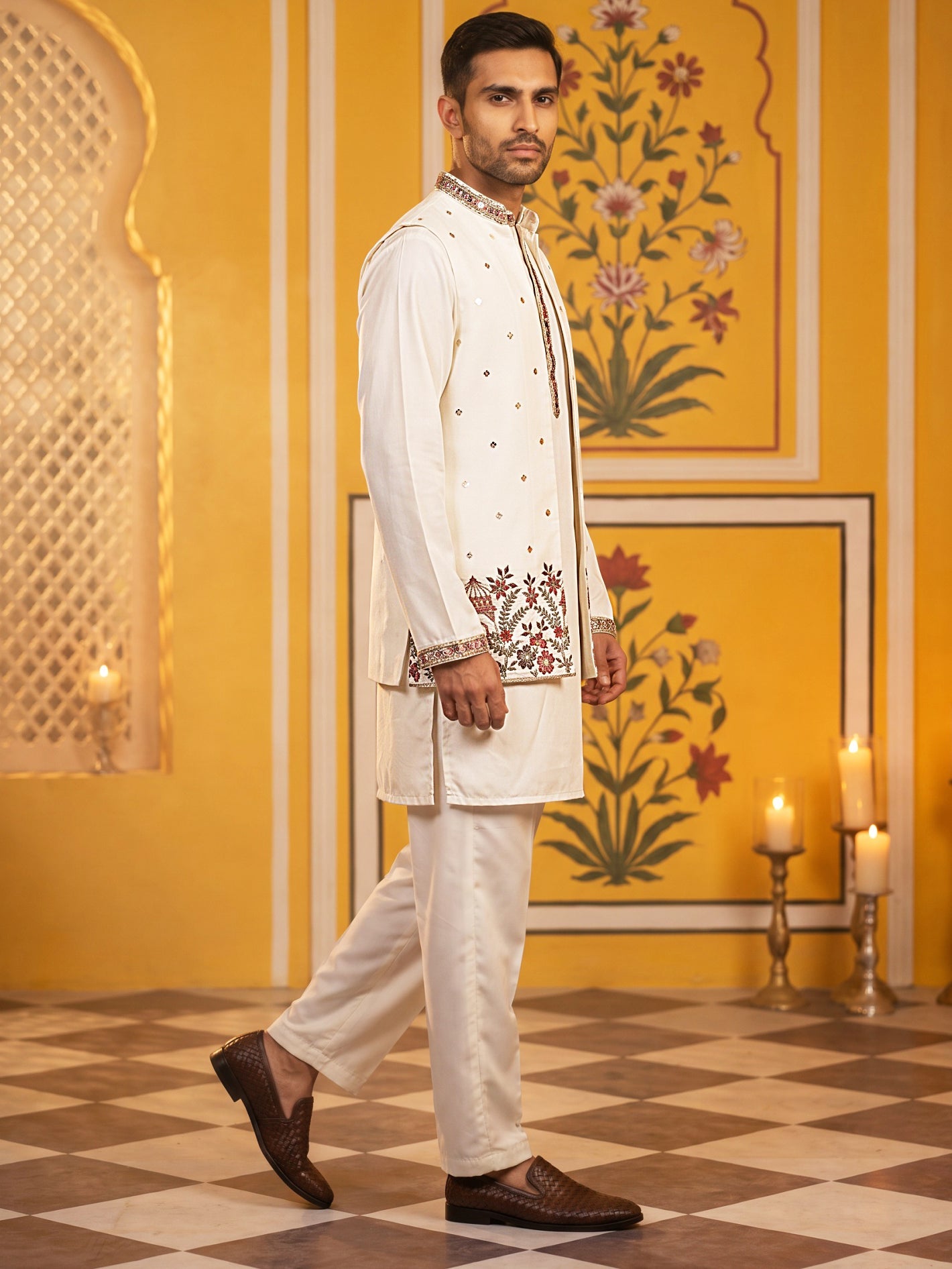 Japanese Fabric Embroidered Kurta with Waistcoat Set ( 65KPWCS MC 5619White )
