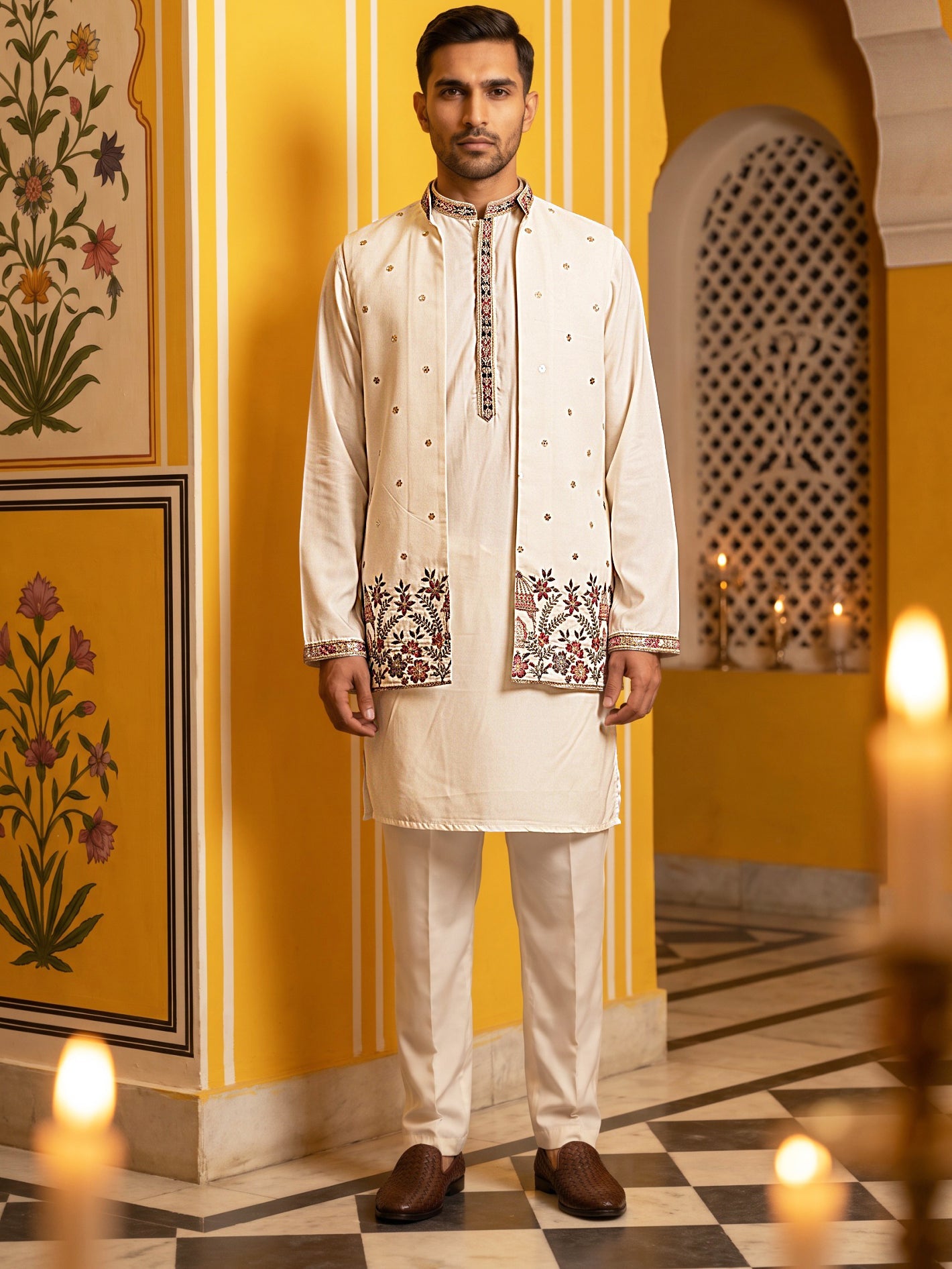Japanese Fabric Embroidered Kurta with Waistcoat Set ( 65KPWCS MC 5619White )