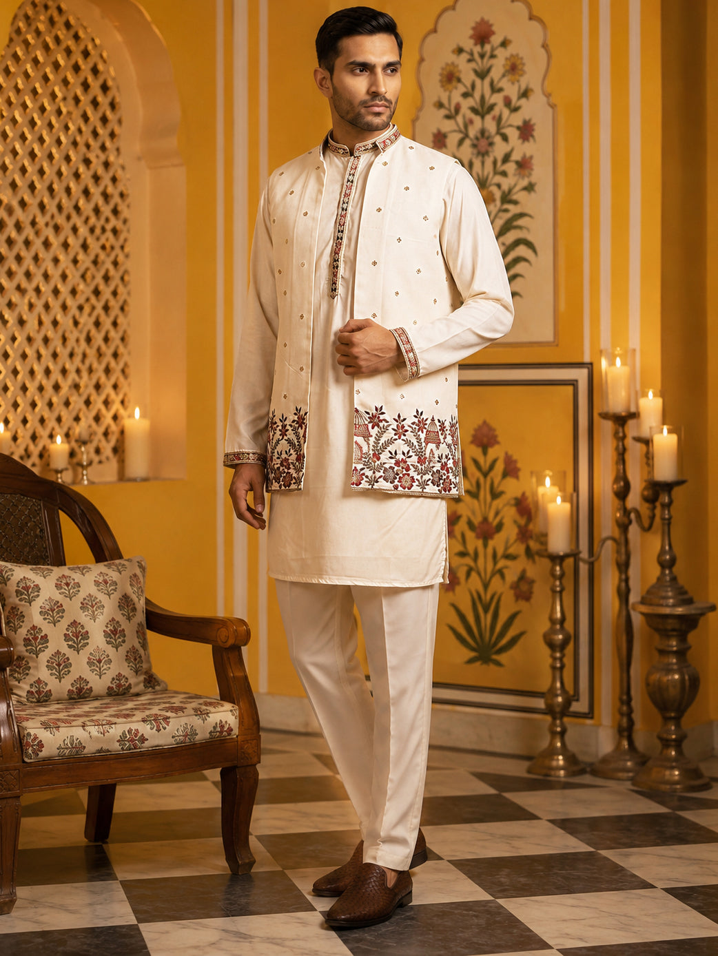 Japanese Fabric Embroidered Kurta with Waistcoat Set ( 65KPWCS MC 5619White )