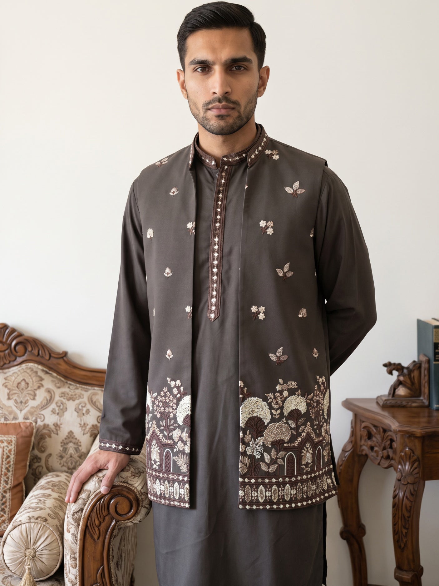 Japanese Fabric Embroidered Kurta & Waistcoat Set ( 65KPWCS MC 5620Brown )