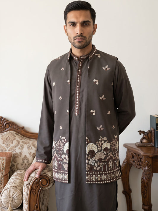 Japanese Fabric Embroidered Kurta & Waistcoat Set ( 65KPWCS MC 5620Brown )