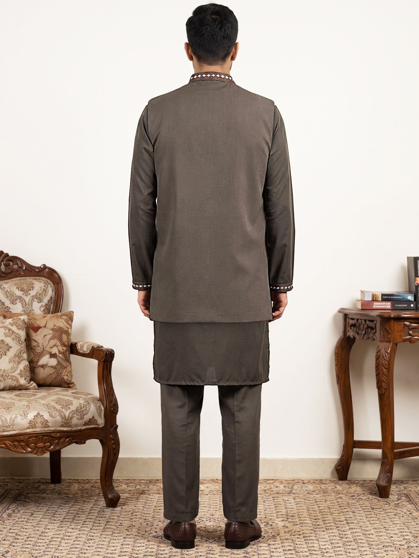 Japanese Fabric Embroidered Kurta & Waistcoat Set ( 65KPWCS MC 5620Brown )