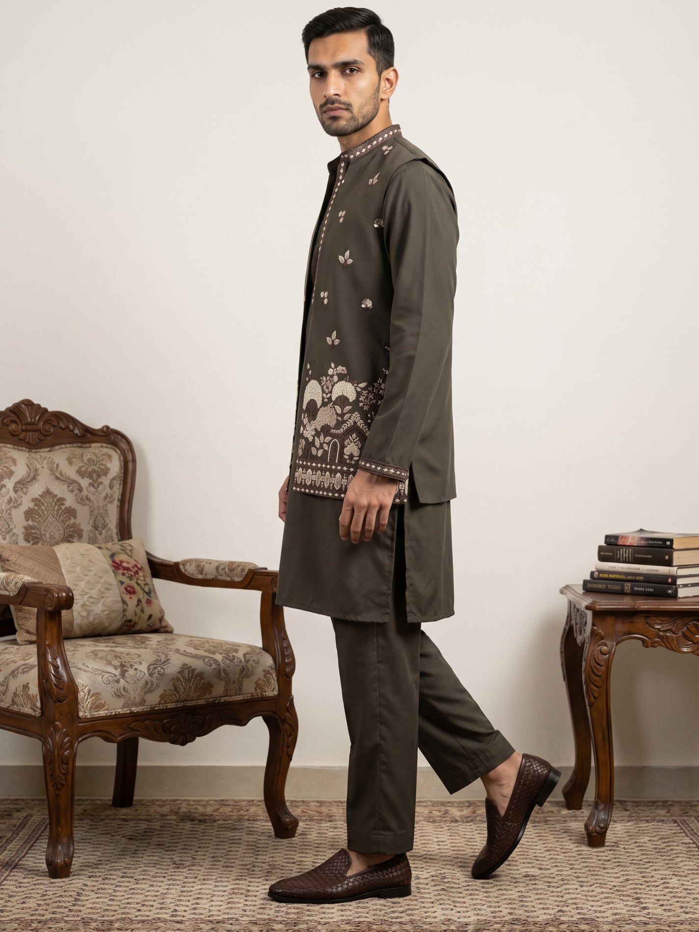 Japanese Fabric Embroidered Kurta & Waistcoat Set ( 65KPWCS MC 5620Brown )