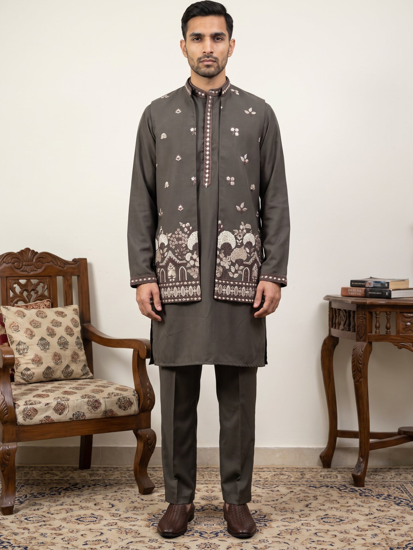 Japanese Fabric Embroidered Kurta & Waistcoat Set ( 65KPWCS MC 5620Brown )