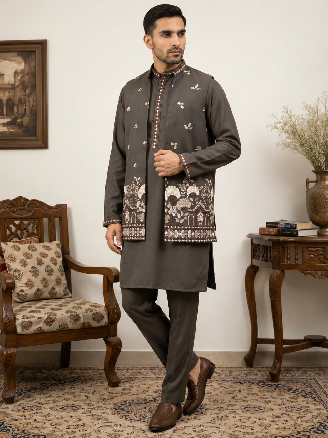 Japanese Fabric Embroidered Kurta & Waistcoat Set ( 65KPWCS MC 5620Brown )