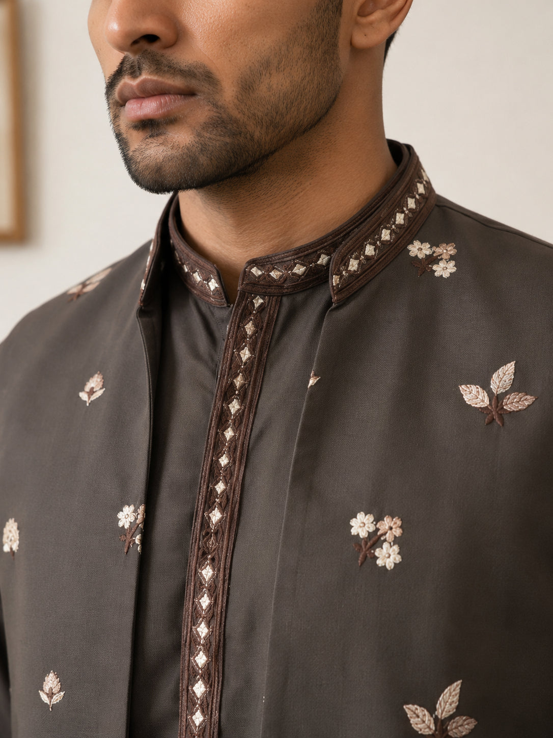 Japanese Fabric Embroidered Kurta & Waistcoat Set ( 65KPWCS MC 5620Brown )